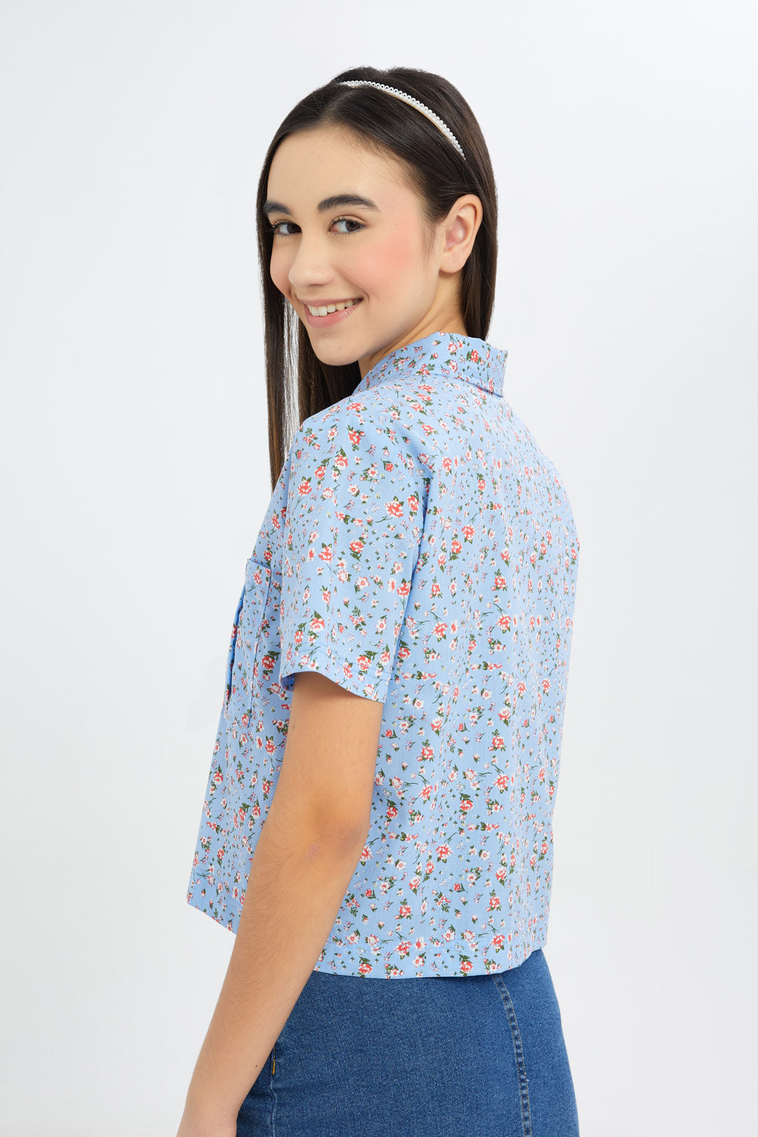 Redtag-Girls-Blue-Floral-Shirt-Category:Blouses,-Colour:Blue,-Deals:New-In,-Dept:Girls,-Filter:Senior-Girls-(8-to-14-Yrs),-GSR-Blouses,-H1:KWR,-H2:GSR,-H3:BLO,-H4:CBL,-New-In-GSR-APL,-Non-Sale,-S23C,-Season:S23C,-Section:Girls-(0-to-14Yrs)-Senior-Girls-9 to 14 Years