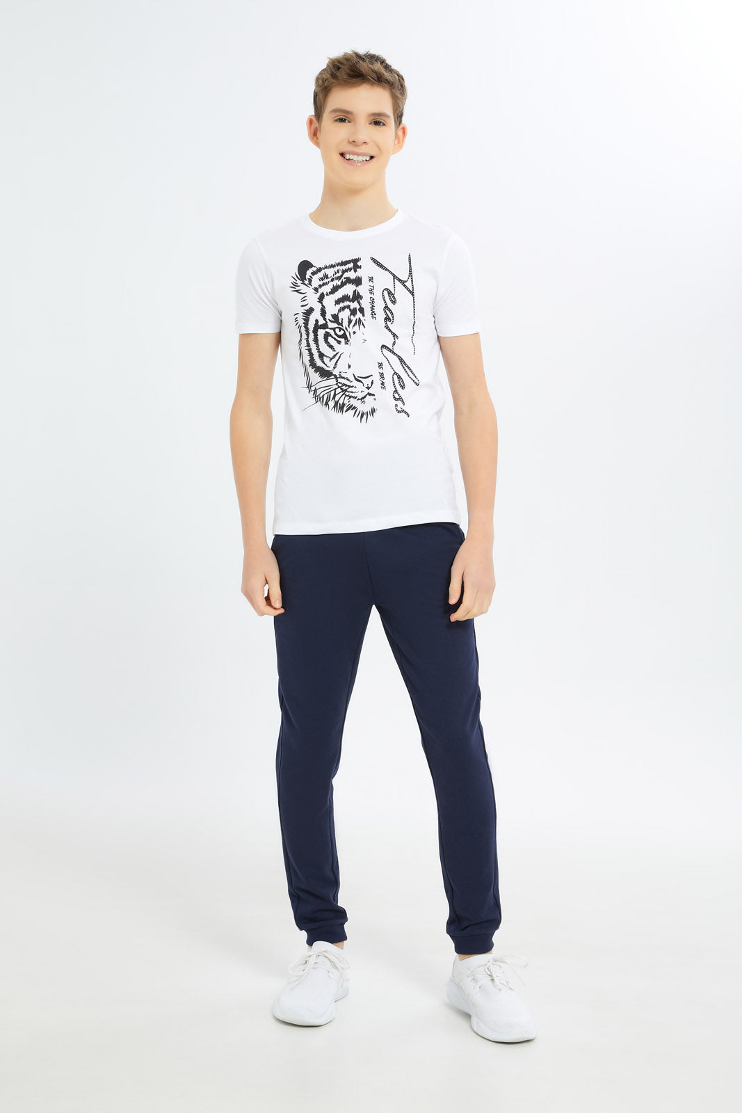 Redtag-Boys-White-Half-Tiger-Face-With-Studs-BSR-T-Shirts,-Category:T-Shirts,-Colour:White,-Deals:New-In,-Dept:Boys,-Filter:Senior-Boys-(8-to-14-Yrs),-H1:KWR,-H2:BSR,-H3:TSH,-H4:TSH,-New-In-BSR-APL,-Non-Sale,-S23C,-Season:S23C,-Section:Boys-(0-to-14Yrs)-Senior-Boys-9 to 14 Years