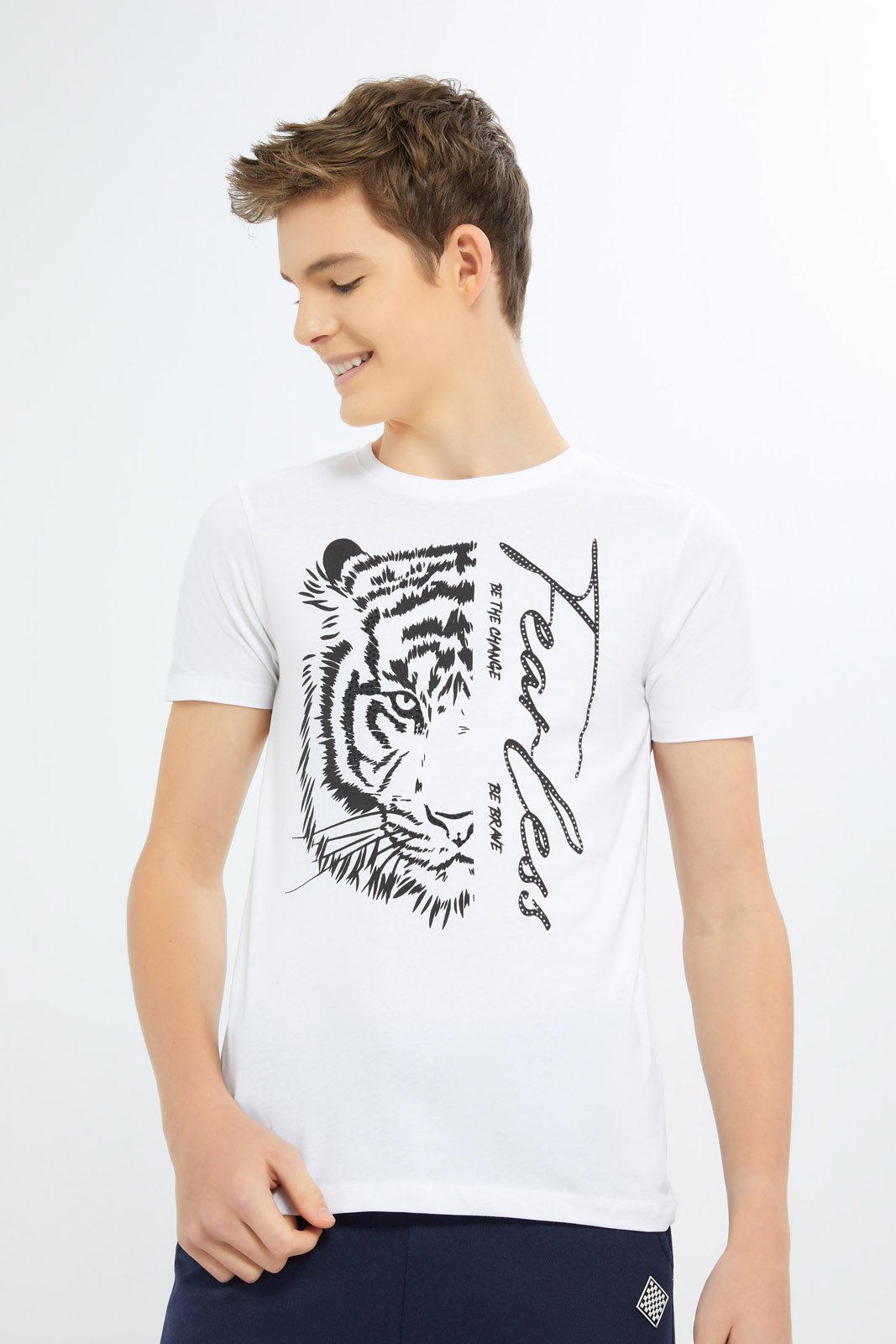Redtag-Boys-White-Half-Tiger-Face-With-Studs-BSR-T-Shirts,-Category:T-Shirts,-Colour:White,-Deals:New-In,-Dept:Boys,-Filter:Senior-Boys-(8-to-14-Yrs),-H1:KWR,-H2:BSR,-H3:TSH,-H4:TSH,-New-In-BSR-APL,-Non-Sale,-S23C,-Season:S23C,-Section:Boys-(0-to-14Yrs)-Senior-Boys-9 to 14 Years