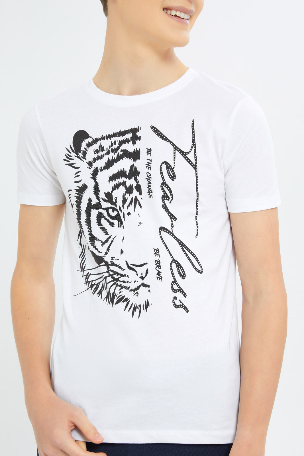 Redtag-Boys-White-Half-Tiger-Face-With-Studs-BSR-T-Shirts,-Category:T-Shirts,-Colour:White,-Deals:New-In,-Dept:Boys,-Filter:Senior-Boys-(8-to-14-Yrs),-H1:KWR,-H2:BSR,-H3:TSH,-H4:TSH,-New-In-BSR-APL,-Non-Sale,-S23C,-Season:S23C,-Section:Boys-(0-to-14Yrs)-Senior-Boys-9 to 14 Years