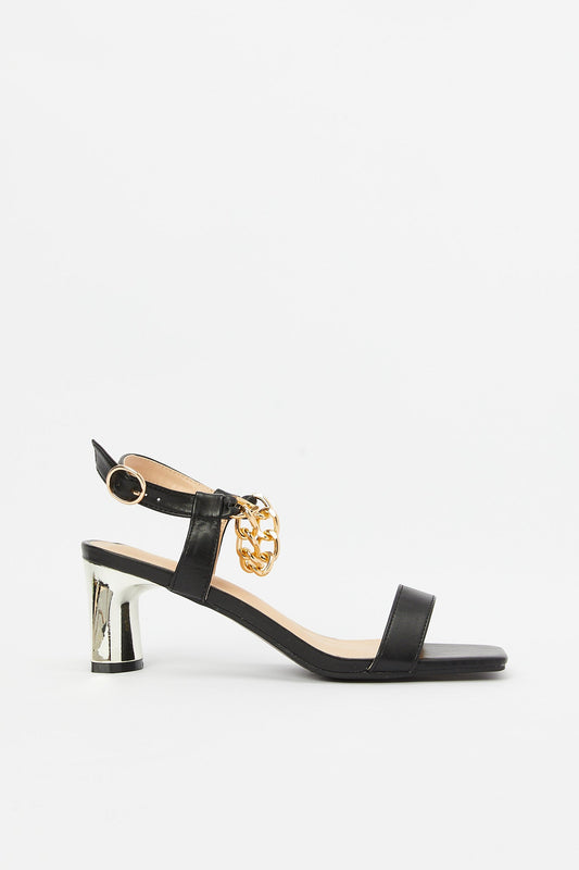 Redtag-Black-Sandal-With-Chain-Trim-Category:Shoes,-Colour:Black,-Deals:New-In,-Filter:Women's-Footwear,-H1:FOO,-H2:LAD,-H3:SAF,-H4:SAN,-Heels,-LEC-Sandals,-N/A,-New-In-Women-FOO,-Non-Sale,-S23B,-Season:S23B,-Section:Women-Women's-