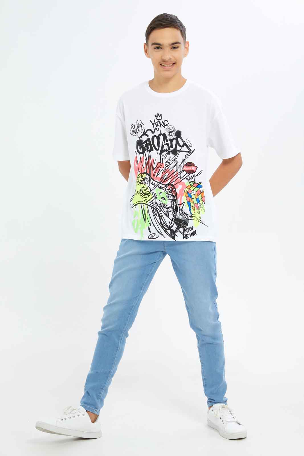 Redtag-Boys-White-Oversize-Gaming-Tee-BSR-T-Shirts,-Category:T-Shirts,-Colour:White,-Deals:New-In,-Dept:Boys,-Filter:Senior-Boys-(8-to-14-Yrs),-New-In-BSR-APL,-Non-Sale,-S23B,-Section:Boys-(0-to-14Yrs)-Senior-Boys-9 to 14 Years