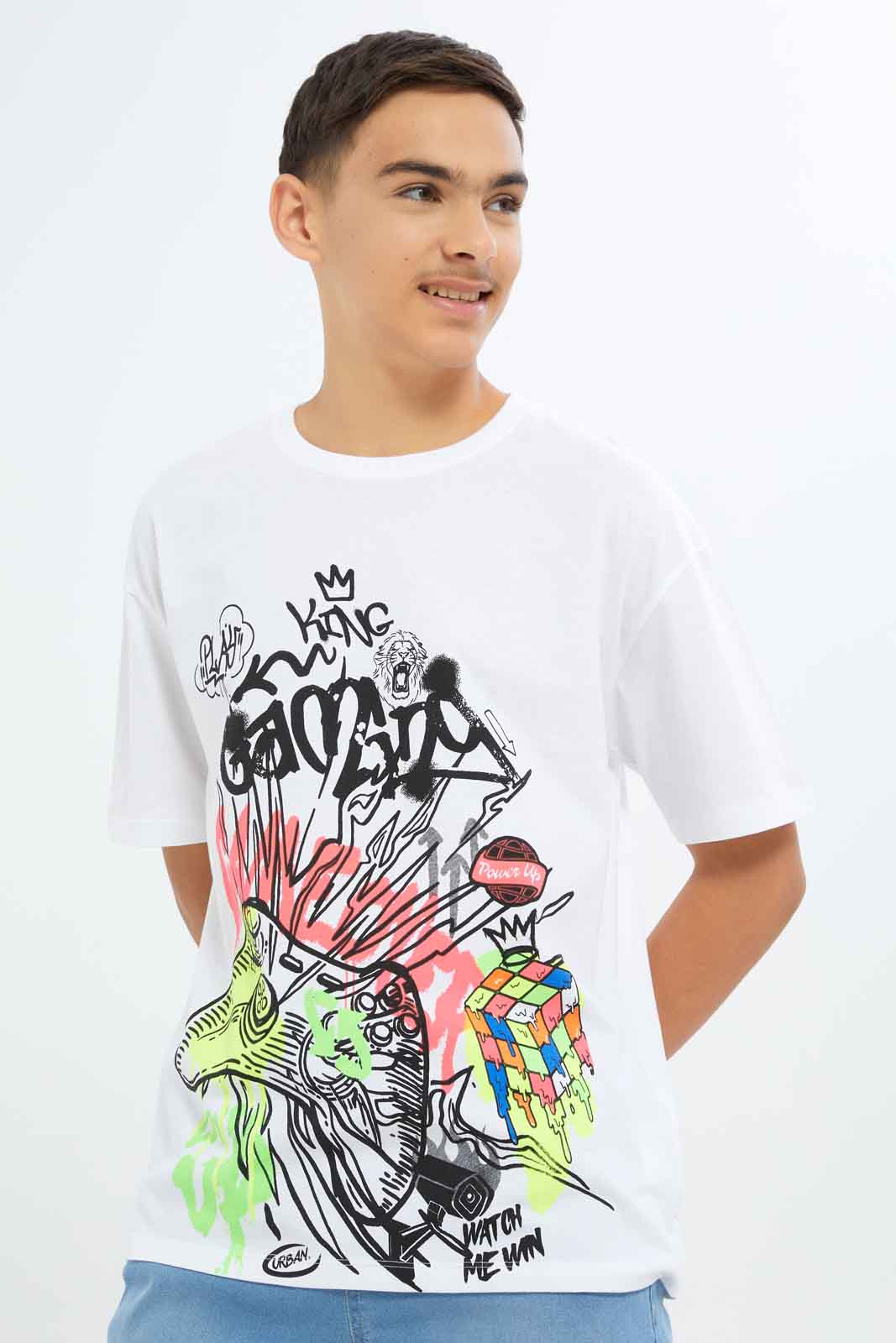 Redtag-Boys-White-Oversize-Gaming-Tee-BSR-T-Shirts,-Category:T-Shirts,-Colour:White,-Deals:New-In,-Dept:Boys,-Filter:Senior-Boys-(8-to-14-Yrs),-New-In-BSR-APL,-Non-Sale,-S23B,-Section:Boys-(0-to-14Yrs)-Senior-Boys-9 to 14 Years
