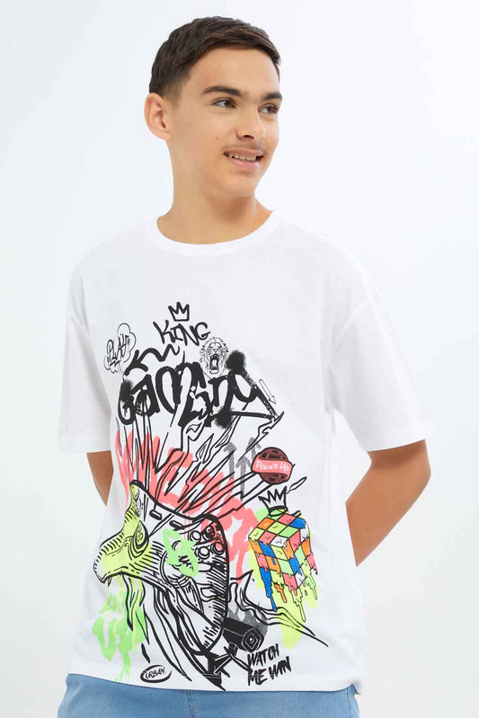 Redtag-Boys-White-Oversize-Gaming-Tee-BSR-T-Shirts,-Category:T-Shirts,-Colour:White,-Deals:New-In,-Dept:Boys,-Filter:Senior-Boys-(8-to-14-Yrs),-New-In-BSR-APL,-Non-Sale,-S23B,-Section:Boys-(0-to-14Yrs)-Senior-Boys-9 to 14 Years
