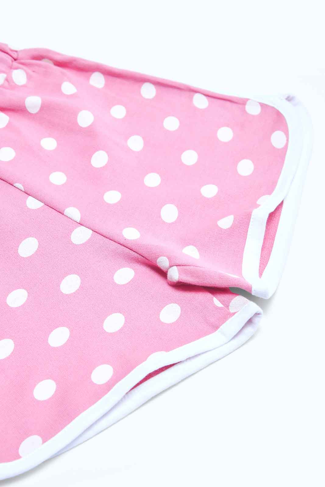 Redtag-Girls-Pink-Polka-Aop-Shorts-Category:Shorts,-Colour:Apricot,-Deals:2-FOR-37,-Deals:New-In,-Dept:Girls,-Filter:Infant-Girls-(3-to-24-Mths),-ING-Shorts,-MQN,-New-In-ING-APL,-Non-Sale,-S23B,-Section:Girls-(0-to-14Yrs),-TBL-Infant-Girls-3 to 24 Months