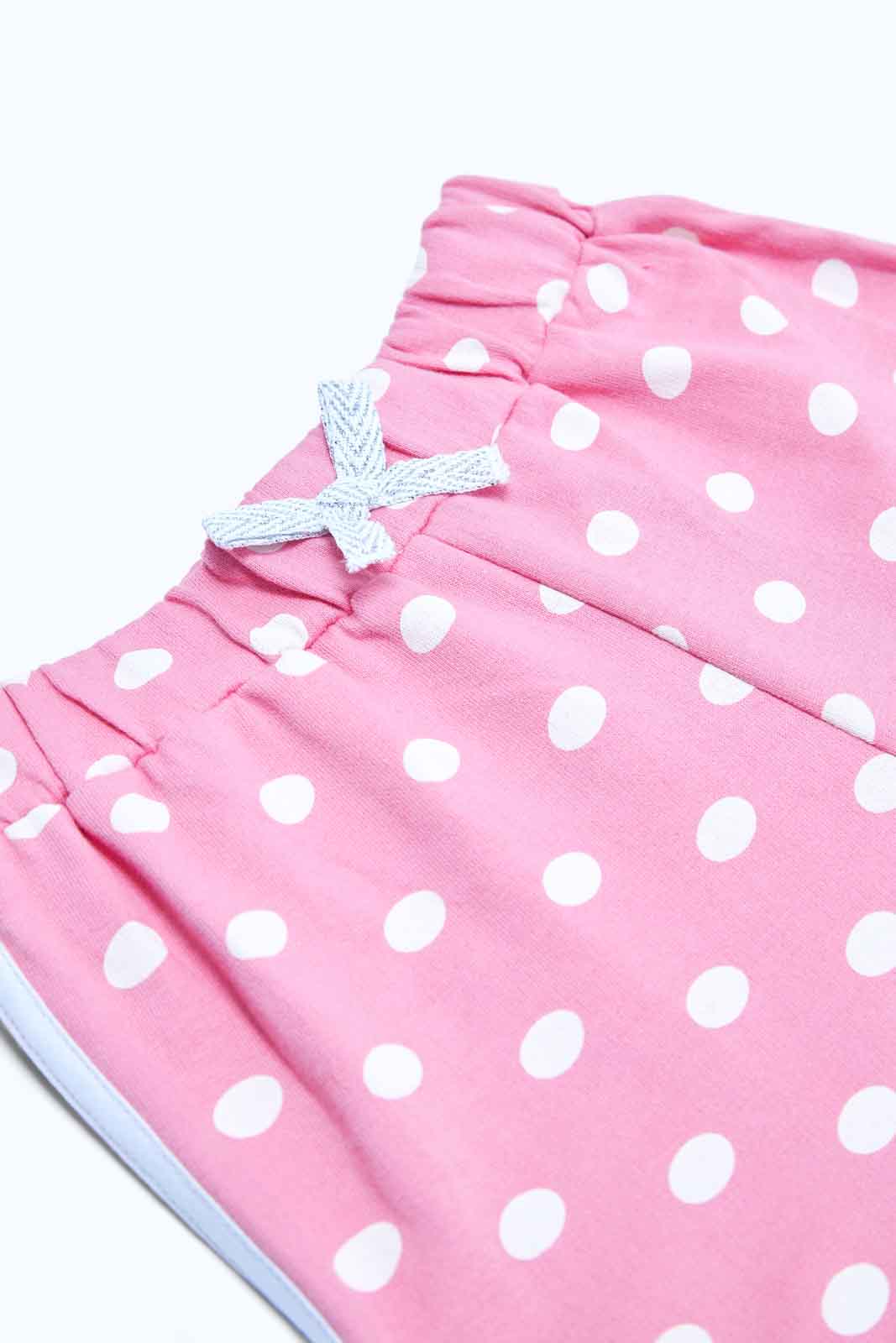Redtag-Girls-Pink-Polka-Aop-Shorts-Category:Shorts,-Colour:Apricot,-Deals:2-FOR-37,-Deals:New-In,-Dept:Girls,-Filter:Infant-Girls-(3-to-24-Mths),-ING-Shorts,-MQN,-New-In-ING-APL,-Non-Sale,-S23B,-Section:Girls-(0-to-14Yrs),-TBL-Infant-Girls-3 to 24 Months