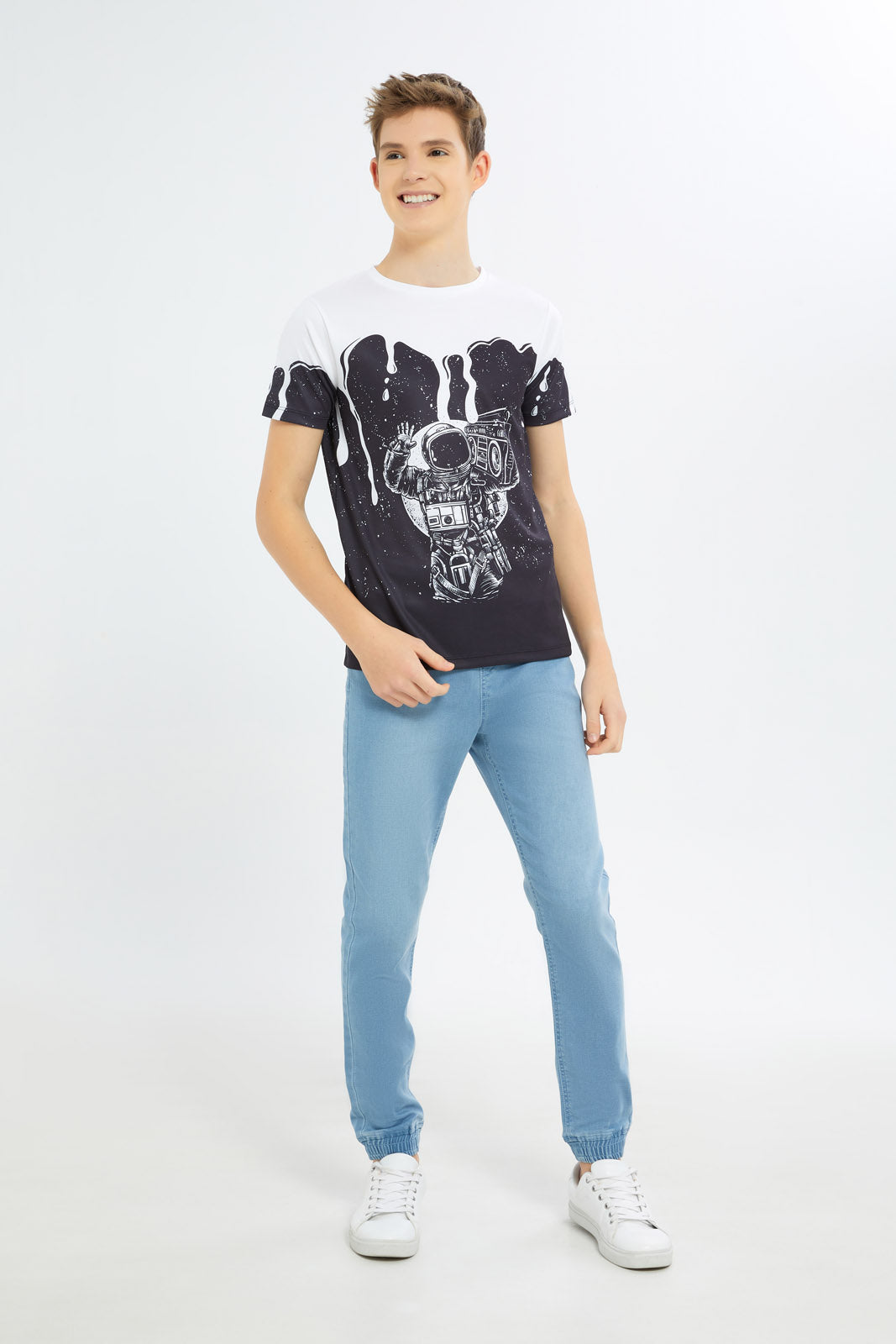 Redtag-Boys-Black-Astraonaut-Radio-Listening-Tee-BSR-T-Shirts,-Category:T-Shirts,-Colour:Black,-Deals:New-In,-Dept:Boys,-Filter:Senior-Boys-(8-to-14-Yrs),-H1:KWR,-H2:BSR,-H3:TSH,-H4:TSH,-New-In-BSR-APL,-Non-Sale,-S23B,-Season:S23B,-Section:Boys-(0-to-14Yrs)-Senior-Boys-9 to 14 Years