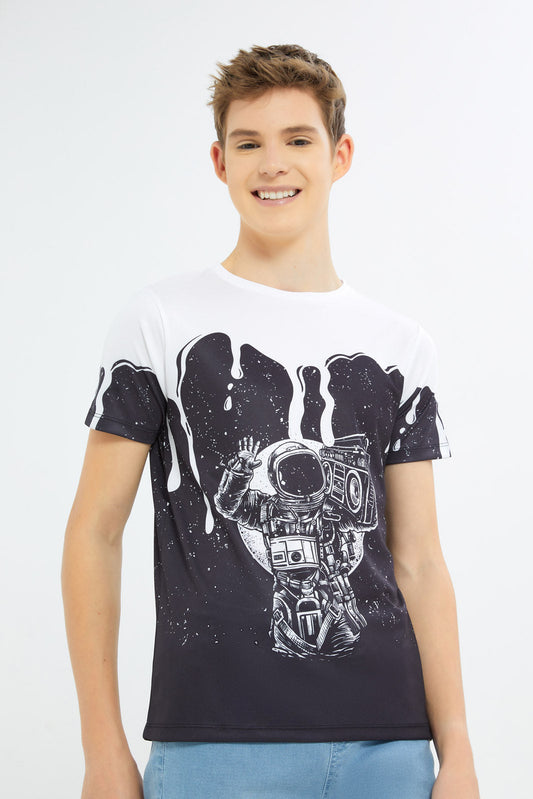 Redtag-Boys-Black-Astraonaut-Radio-Listening-Tee-BSR-T-Shirts,-Category:T-Shirts,-Colour:Black,-Deals:New-In,-Dept:Boys,-Filter:Senior-Boys-(8-to-14-Yrs),-H1:KWR,-H2:BSR,-H3:TSH,-H4:TSH,-New-In-BSR-APL,-Non-Sale,-S23B,-Season:S23B,-Section:Boys-(0-to-14Yrs)-Senior-Boys-9 to 14 Years
