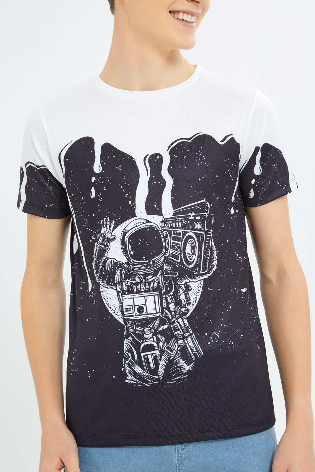 Redtag-Boys-Black-Astraonaut-Radio-Listening-Tee-BSR-T-Shirts,-Category:T-Shirts,-Colour:Black,-Deals:New-In,-Dept:Boys,-Filter:Senior-Boys-(8-to-14-Yrs),-H1:KWR,-H2:BSR,-H3:TSH,-H4:TSH,-New-In-BSR-APL,-Non-Sale,-S23B,-Season:S23B,-Section:Boys-(0-to-14Yrs)-Senior-Boys-9 to 14 Years