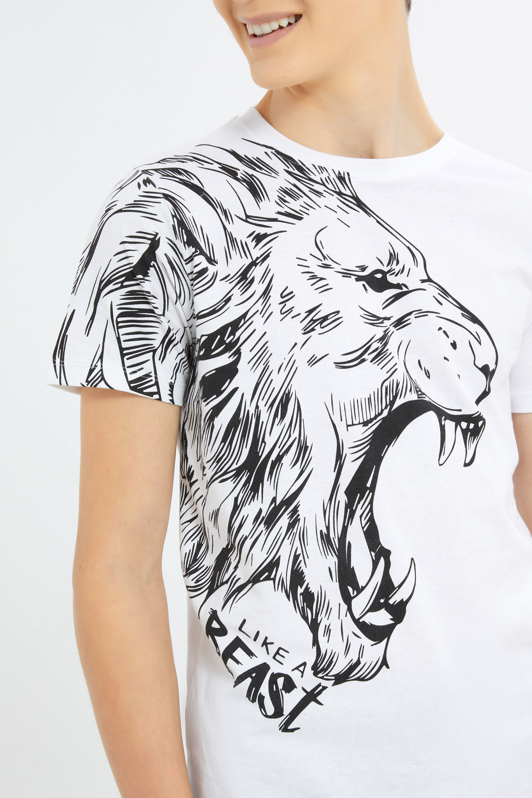 Redtag-Boys-White-Lion-Roaring-Tee-BSR-T-Shirts,-Category:T-Shirts,-Colour:White,-Deals:New-In,-Dept:Boys,-Filter:Senior-Boys-(8-to-14-Yrs),-H1:KWR,-H2:BSR,-H3:TSH,-H4:TSH,-New-In-BSR-APL,-Non-Sale,-S23B,-Season:S23B,-Section:Boys-(0-to-14Yrs)-Senior-Boys-9 to 14 Years