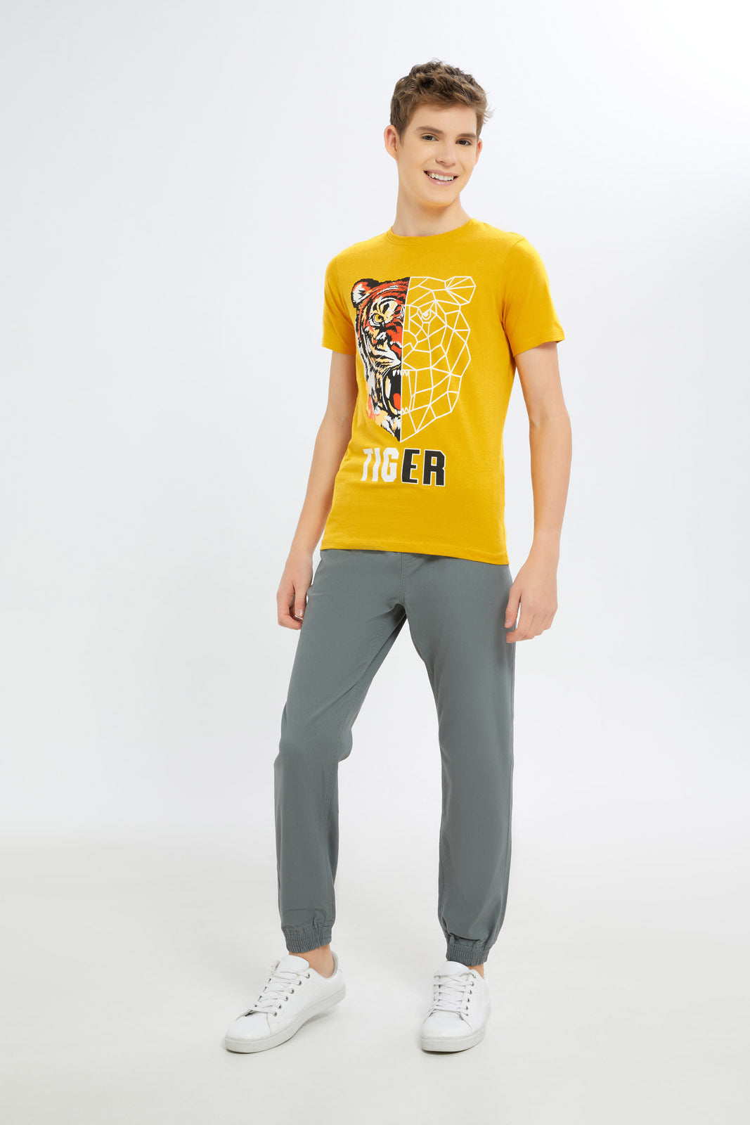 Redtag-Boys-Mustard-Half-And-Half-Tiger-Face-Tee-BSR-T-Shirts,-Category:T-Shirts,-Colour:Mustard,-Deals:New-In,-Dept:Boys,-Filter:Senior-Boys-(8-to-14-Yrs),-H1:KWR,-H2:BSR,-H3:TSH,-H4:TSH,-New-In-BSR-APL,-Non-Sale,-S23B,-Season:S23B,-Section:Boys-(0-to-14Yrs)-Senior-Boys-9 to 14 Years