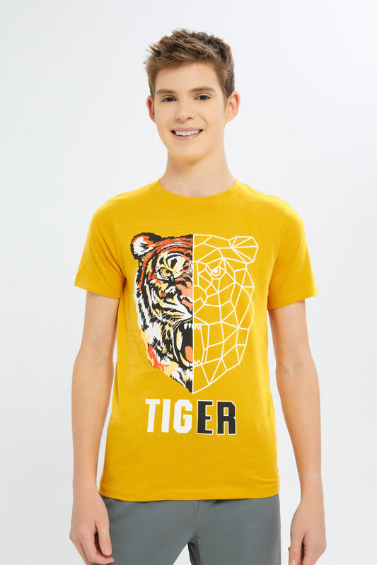 Redtag-Boys-Mustard-Half-And-Half-Tiger-Face-Tee-BSR-T-Shirts,-Category:T-Shirts,-Colour:Mustard,-Deals:New-In,-Dept:Boys,-Filter:Senior-Boys-(8-to-14-Yrs),-H1:KWR,-H2:BSR,-H3:TSH,-H4:TSH,-New-In-BSR-APL,-Non-Sale,-S23B,-Season:S23B,-Section:Boys-(0-to-14Yrs)-Senior-Boys-9 to 14 Years