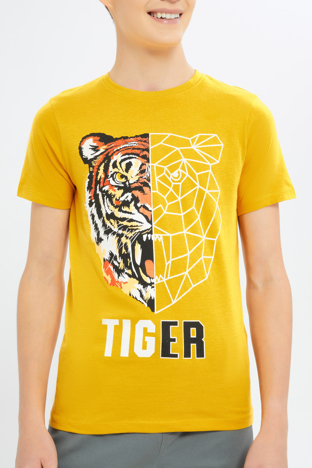 Redtag-Boys-Mustard-Half-And-Half-Tiger-Face-Tee-BSR-T-Shirts,-Category:T-Shirts,-Colour:Mustard,-Deals:New-In,-Dept:Boys,-Filter:Senior-Boys-(8-to-14-Yrs),-H1:KWR,-H2:BSR,-H3:TSH,-H4:TSH,-New-In-BSR-APL,-Non-Sale,-S23B,-Season:S23B,-Section:Boys-(0-to-14Yrs)-Senior-Boys-9 to 14 Years