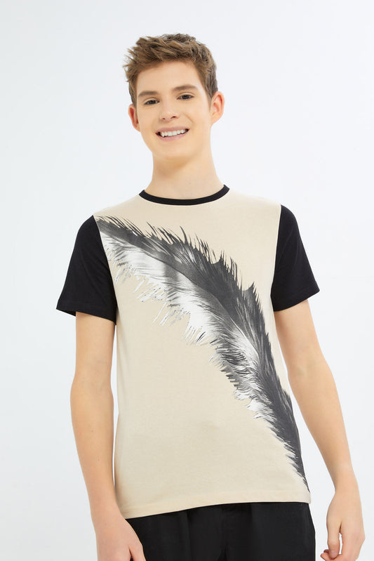 Redtag-Boys-Beige-Leaf-Tee-BSR-T-Shirts,-Category:T-Shirts,-Colour:Beige,-Deals:New-In,-Dept:Boys,-Filter:Senior-Boys-(8-to-14-Yrs),-H1:KWR,-H2:BSR,-H3:TSH,-H4:TSH,-New-In-BSR-APL,-Non-Sale,-S23B,-Season:S23B,-Section:Boys-(0-to-14Yrs)-Senior-Boys-9 to 14 Years