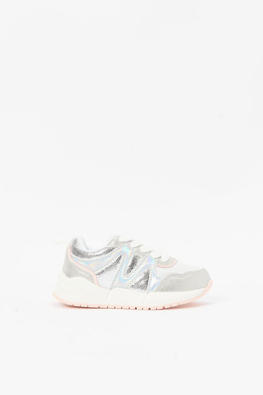 Redtag-Silver-Lae-Up-Sneaker-Category:Shoes,-Colour:Silver,-Deals:New-In,-Filter:Girls-Footwear-(3-to-5-Yrs),-GIR-Trainers,-New-In-GIR-FOO,-Non-Sale,-RMD,-S23B,-Section:Girls-(0-to-14Yrs)-Girls-3 to 5 Years