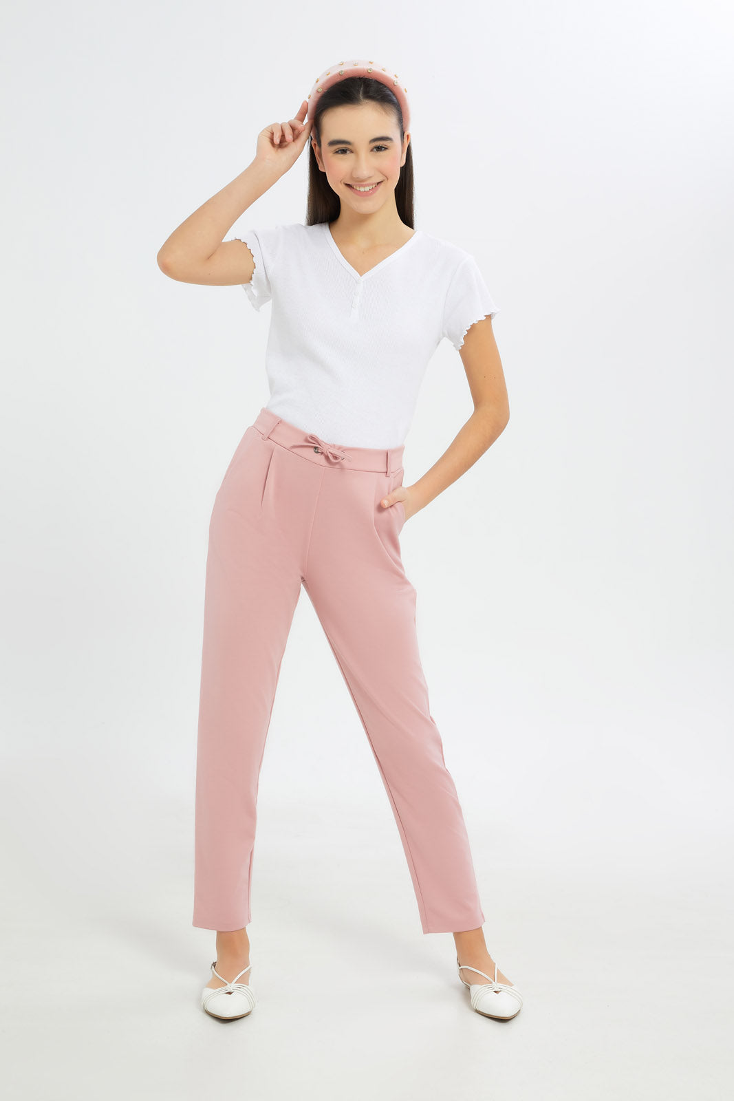Redtag-Girls-Pink-Ponte-Harem-Pants-Category:Trousers,-Colour:Apricot,-Deals:New-In,-Dept:Girls,-Filter:Senior-Girls-(8-to-14-Yrs),-GSR-Trousers,-H1:KWR,-H2:GSR,-H3:TRS,-H4:CTR,-New-In-GSR-APL,-Non-Sale,-S23C,-Season:S23C,-Section:Girls-(0-to-14Yrs),-TBL-Senior-Girls-9 to 14 Years