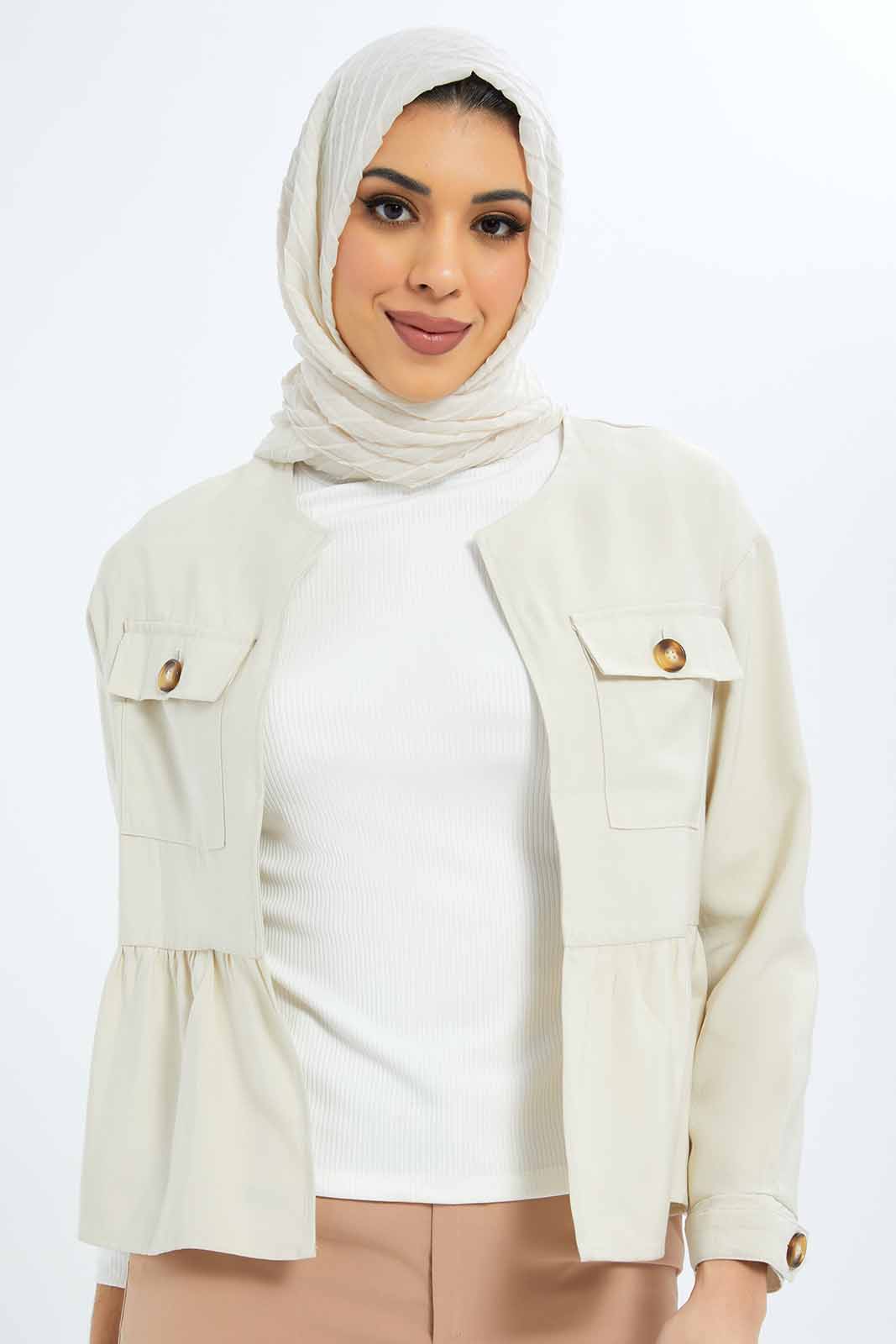Redtag-Women-Peplum-Long-Sleeve-Jacket-Category:Jackets,-Colour:Beige,-Deals:New-In,-Dept:Ladieswear,-Filter:Women's-Clothing,-LMC,-New-In-Women-APL,-Non-Sale,-S23B,-Section:Women,-Women-Jackets--