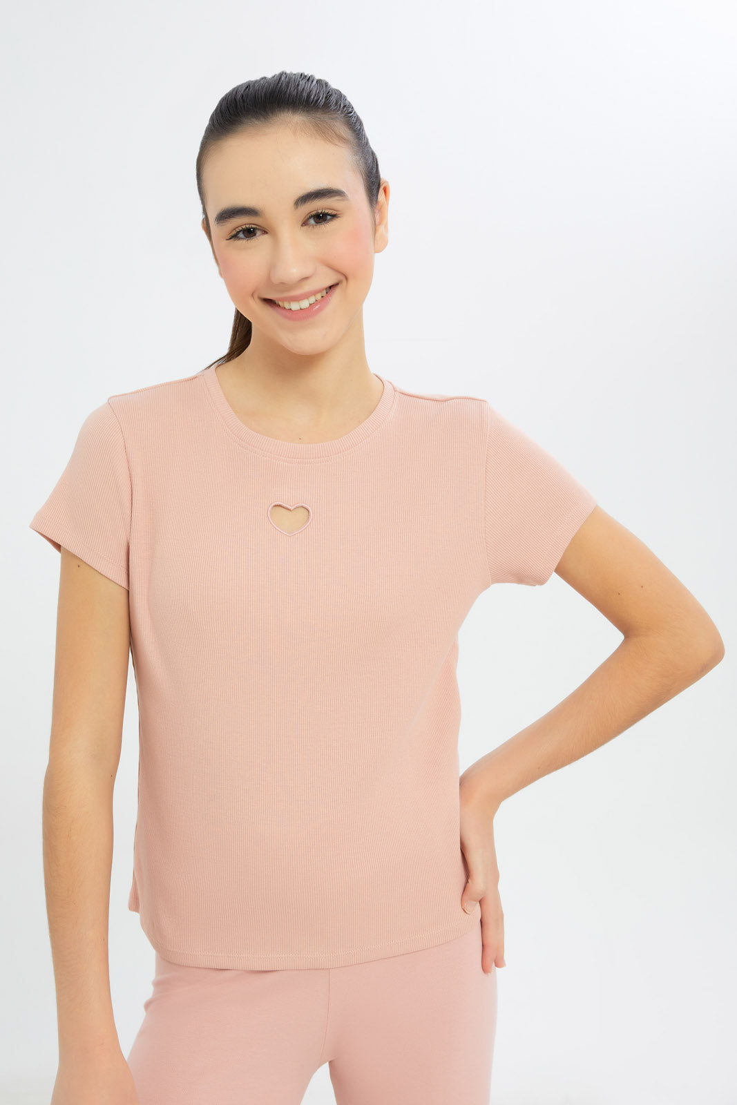 Redtag-Girls-Embroidered-Rib-Top-Category:T-Shirts,-Colour:Apricot,-Deals:New-In,-Filter:Senior-Girls-(8-to-14-Yrs),-GSR-T-Shirts,-H1:KWR,-H2:GSR,-H3:TSH,-H4:CAT,-New-In-GSR-APL,-Non-Sale,-Promo:TBL,-S23C,-Season:S23C,-Section:Girls-(0-to-14Yrs),-TBL-Senior-Girls-9 to 14 Years