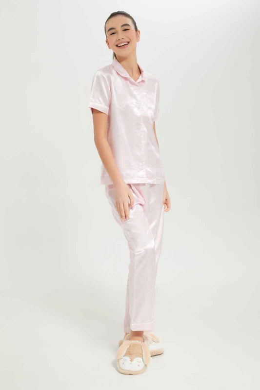Redtag-Girls-Pink-Heart-Sateen-Pajama-Sets-Category:Pyjama-Sets,-Colour:Apricot,-Deals:New-In,-Dept:Girls,-Filter:Senior-Girls-(8-to-14-Yrs),-GSR-Pyjama-Sets,-New-In-GSR-APL,-Non-Sale,-S23B,-Section:Girls-(0-to-14Yrs)-Senior-Girls-9 to 14 Years