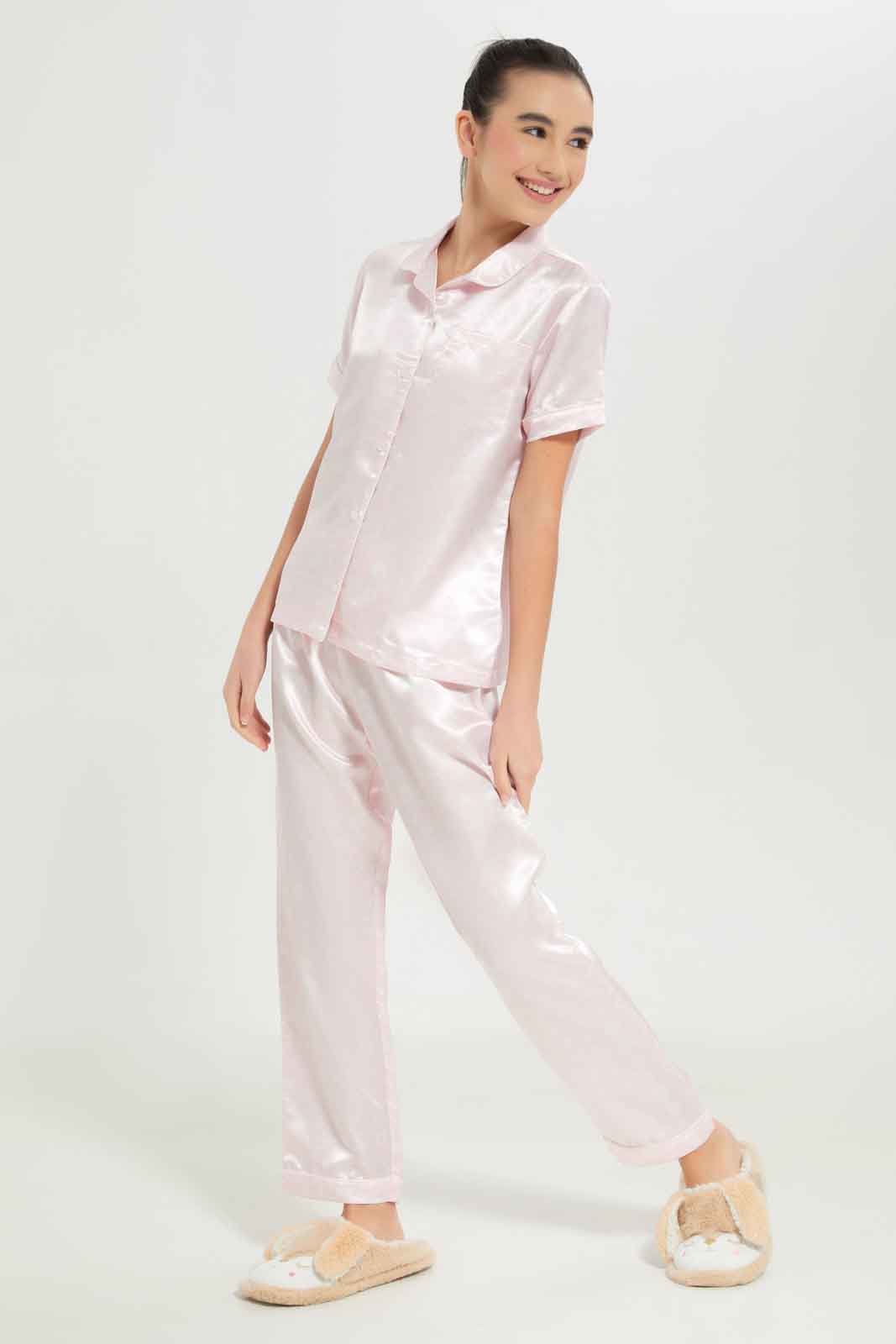 Redtag-Girls-Pink-Heart-Sateen-Pajama-Sets-Category:Pyjama-Sets,-Colour:Apricot,-Deals:New-In,-Dept:Girls,-Filter:Senior-Girls-(8-to-14-Yrs),-GSR-Pyjama-Sets,-New-In-GSR-APL,-Non-Sale,-S23B,-Section:Girls-(0-to-14Yrs)-Senior-Girls-9 to 14 Years