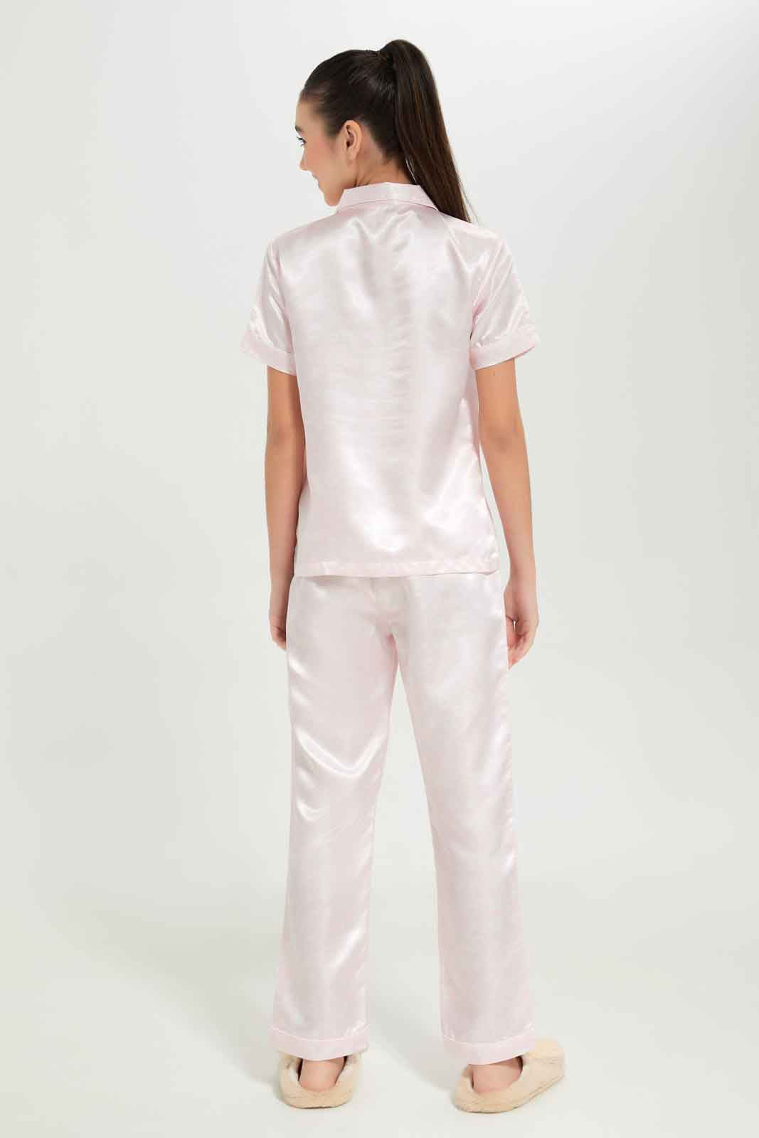 Redtag-Girls-Pink-Heart-Sateen-Pajama-Sets-Category:Pyjama-Sets,-Colour:Apricot,-Deals:New-In,-Dept:Girls,-Filter:Senior-Girls-(8-to-14-Yrs),-GSR-Pyjama-Sets,-New-In-GSR-APL,-Non-Sale,-S23B,-Section:Girls-(0-to-14Yrs)-Senior-Girls-9 to 14 Years