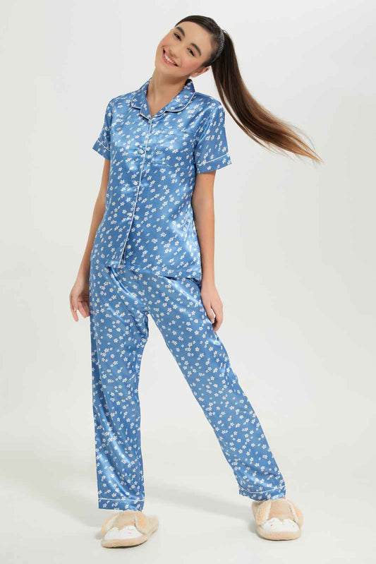 Redtag-Girls-Blue-Floral-Sateen-Pajama-Sets-Category:Pyjama-Sets,-Colour:Assorted,-Deals:New-In,-Dept:Girls,-Filter:Senior-Girls-(8-to-14-Yrs),-GSR-Pyjama-Sets,-New-In-GSR-APL,-Non-Sale,-S23B,-Section:Girls-(0-to-14Yrs)-Senior-Girls-9 to 14 Years