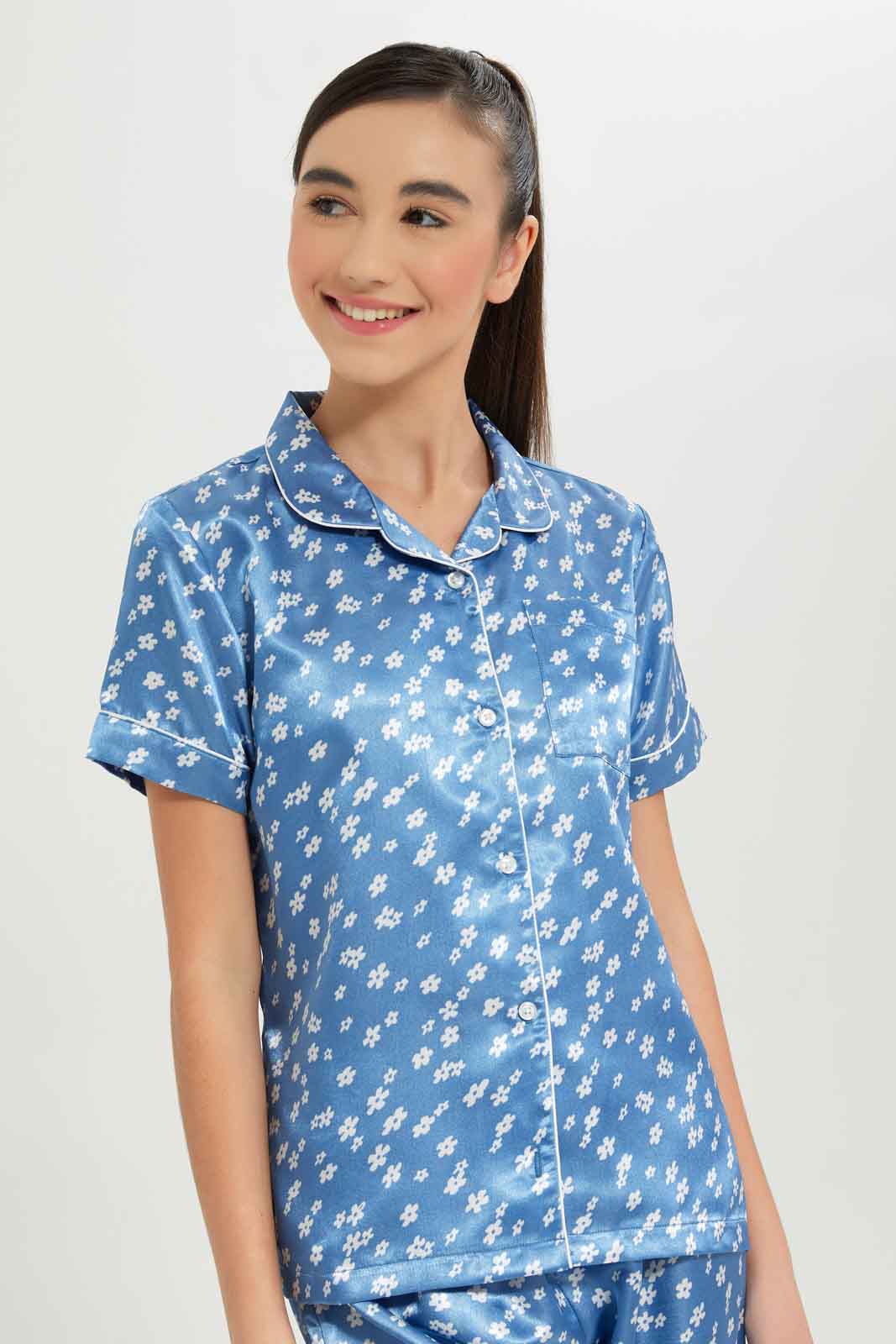 Redtag-Girls-Blue-Floral-Sateen-Pajama-Sets-Category:Pyjama-Sets,-Colour:Assorted,-Deals:New-In,-Dept:Girls,-Filter:Senior-Girls-(8-to-14-Yrs),-GSR-Pyjama-Sets,-New-In-GSR-APL,-Non-Sale,-S23B,-Section:Girls-(0-to-14Yrs)-Senior-Girls-9 to 14 Years