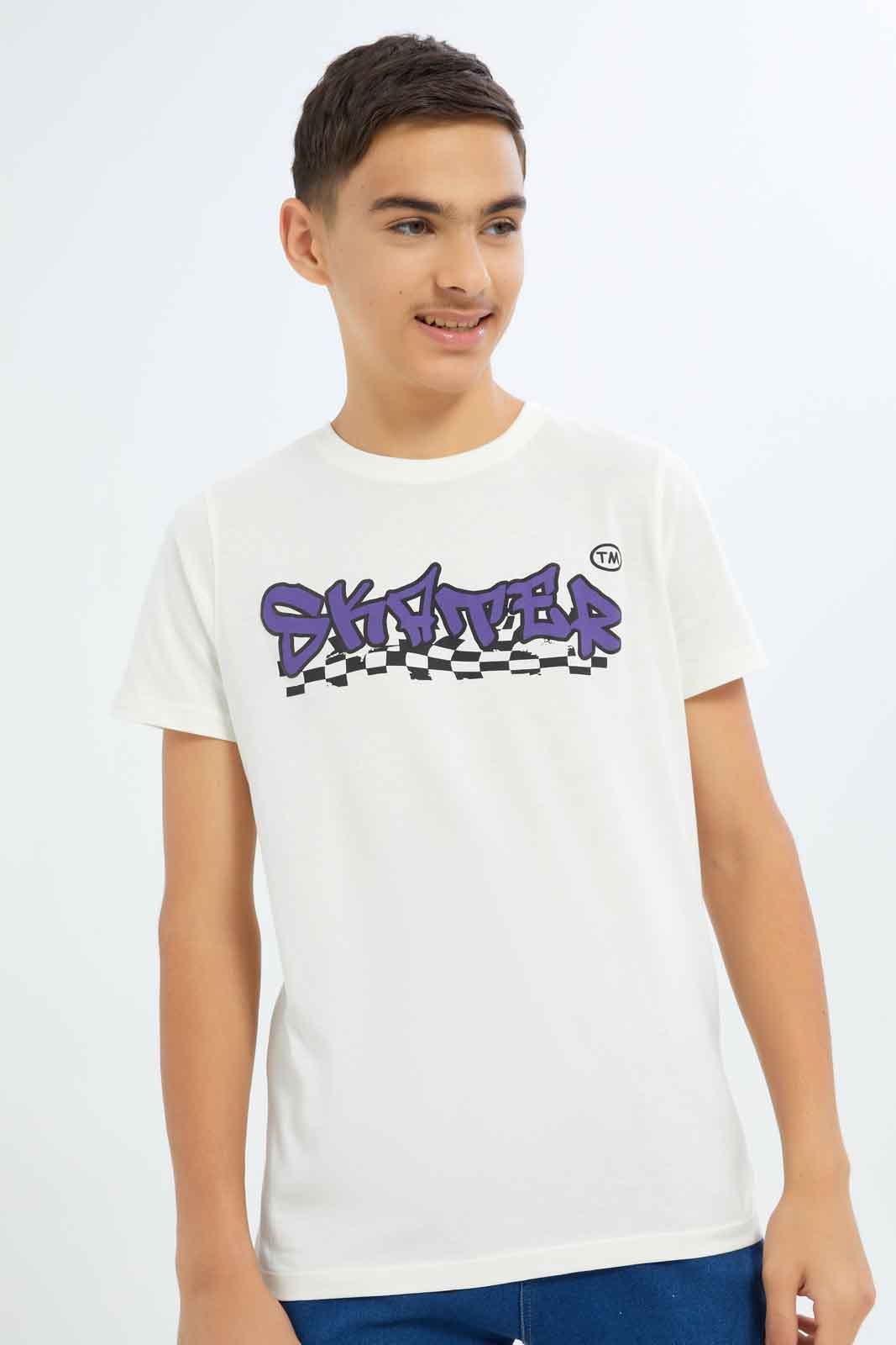 Redtag-Boys-Ecru-Skater-Tee-BSR-T-Shirts,-Category:T-Shirts,-Colour:Ecru,-Deals:New-In,-Dept:Boys,-Filter:Senior-Boys-(8-to-14-Yrs),-New-In-BSR-APL,-Non-Sale,-S23B,-Section:Boys-(0-to-14Yrs)-Senior-Boys-9 to 14 Years