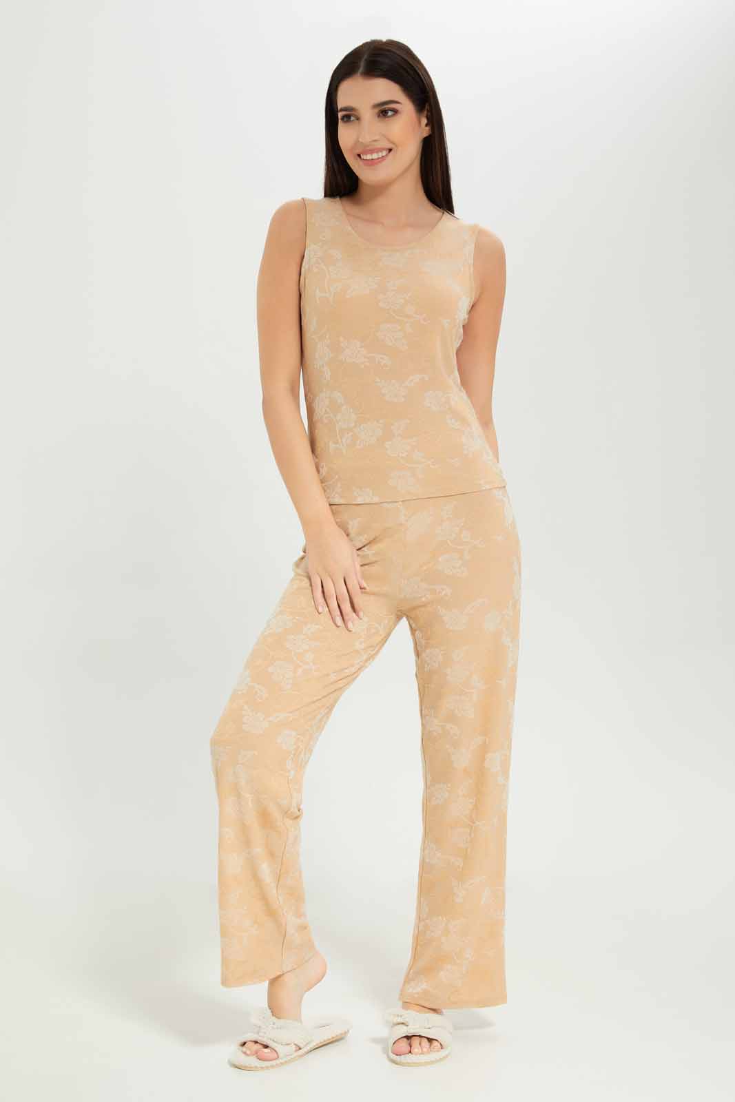 Redtag-Women-Sand-Jacquard-Sleevesless-Pyjama-Set-Category:Pyjama-Sets,-Colour:Sand,-Deals:New-In,-Dept:Ladieswear,-Filter:Women's-Clothing,-New-In-Women-APL,-Non-Sale,-S23A,-Section:Women,-Women-Pyjama-Sets--