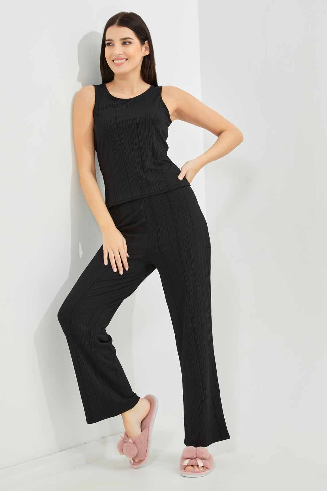 Redtag-Women-Black-Drop-Needle-Rib-Sleeveslesspyjama-Set-Category:Pyjama-Sets,-Colour:Black,-Deals:New-In,-Dept:Ladieswear,-Filter:Women's-Clothing,-New-In-Women-APL,-Non-Sale,-S23A,-Section:Women,-Women-Pyjama-Sets--