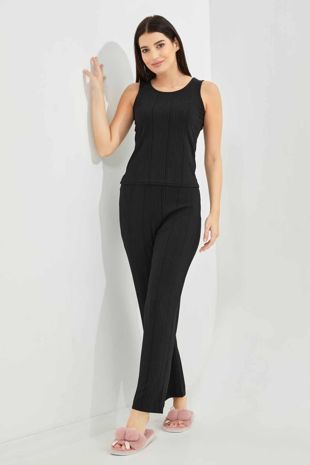 Redtag-Women-Black-Drop-Needle-Rib-Sleeveslesspyjama-Set-Category:Pyjama-Sets,-Colour:Black,-Deals:New-In,-Dept:Ladieswear,-Filter:Women's-Clothing,-New-In-Women-APL,-Non-Sale,-S23A,-Section:Women,-Women-Pyjama-Sets--