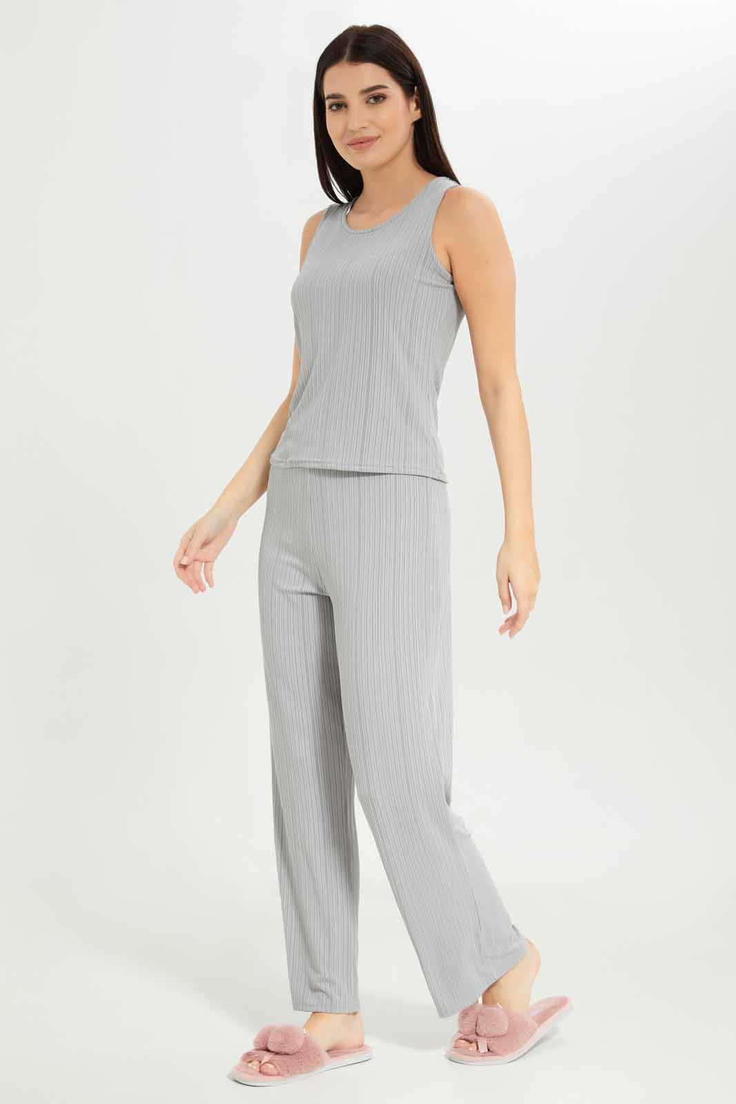 Redtag-Women-Grey-Drop-Needle-Rib-Sleeveslesspyjama-Set-Category:Pyjama-Sets,-Colour:Grey,-Deals:New-In,-Dept:Ladieswear,-Filter:Women's-Clothing,-New-In-Women-APL,-Non-Sale,-S23A,-Section:Women,-Women-Pyjama-Sets--