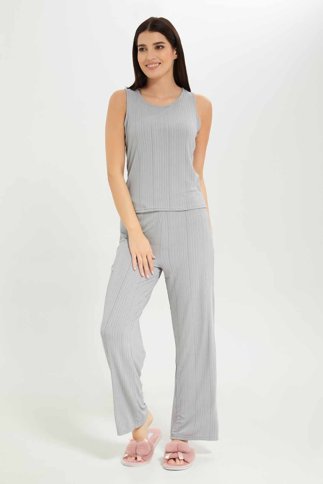 Redtag-Women-Grey-Drop-Needle-Rib-Sleeveslesspyjama-Set-Category:Pyjama-Sets,-Colour:Grey,-Deals:New-In,-Dept:Ladieswear,-Filter:Women's-Clothing,-New-In-Women-APL,-Non-Sale,-S23A,-Section:Women,-Women-Pyjama-Sets--