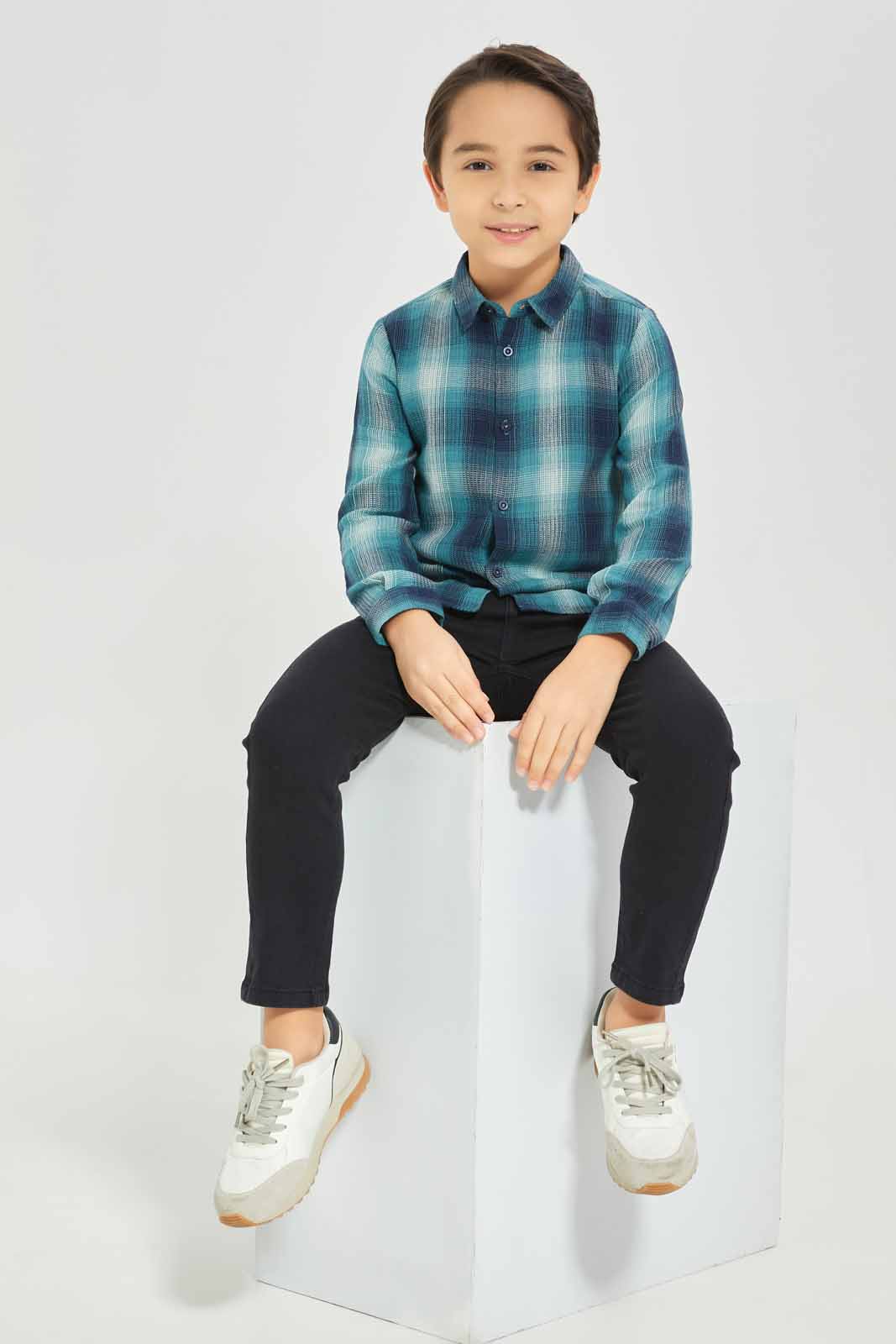 Redtag-Boys-Blue-Shade-Check-Long-Sleeve-Shirt-BOY-Shirts,-Category:Shirts,-Colour:Mint,-Deals:New-In,-Dept:Boys,-Filter:Boys-(2-to-8-Yrs),-New-In-BOY-APL,-Non-Sale,-S23A,-Section:Boys-(0-to-14Yrs)-Boys-2 to 8 Years