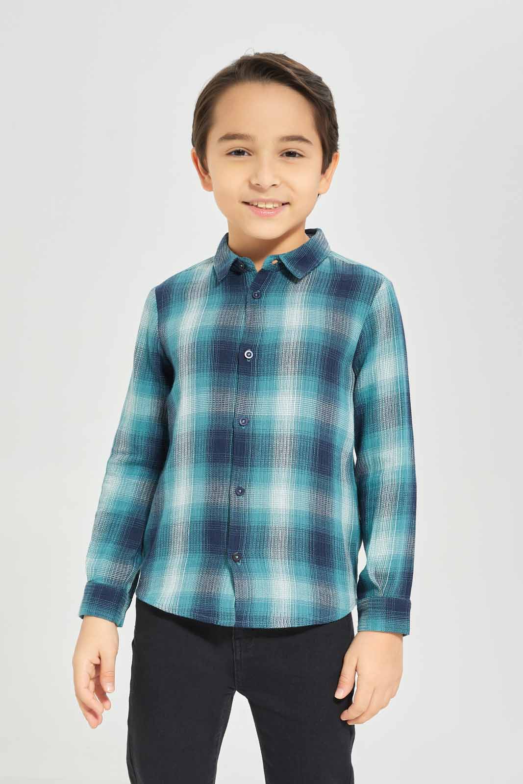 Redtag-Boys-Blue-Shade-Check-Long-Sleeve-Shirt-BOY-Shirts,-Category:Shirts,-Colour:Mint,-Deals:New-In,-Dept:Boys,-Filter:Boys-(2-to-8-Yrs),-New-In-BOY-APL,-Non-Sale,-S23A,-Section:Boys-(0-to-14Yrs)-Boys-2 to 8 Years