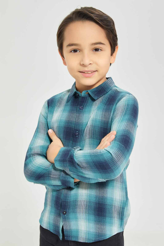 Redtag-Boys-Blue-Shade-Check-Long-Sleeve-Shirt-BOY-Shirts,-Category:Shirts,-Colour:Mint,-Deals:New-In,-Dept:Boys,-Filter:Boys-(2-to-8-Yrs),-New-In-BOY-APL,-Non-Sale,-S23A,-Section:Boys-(0-to-14Yrs)-Boys-2 to 8 Years