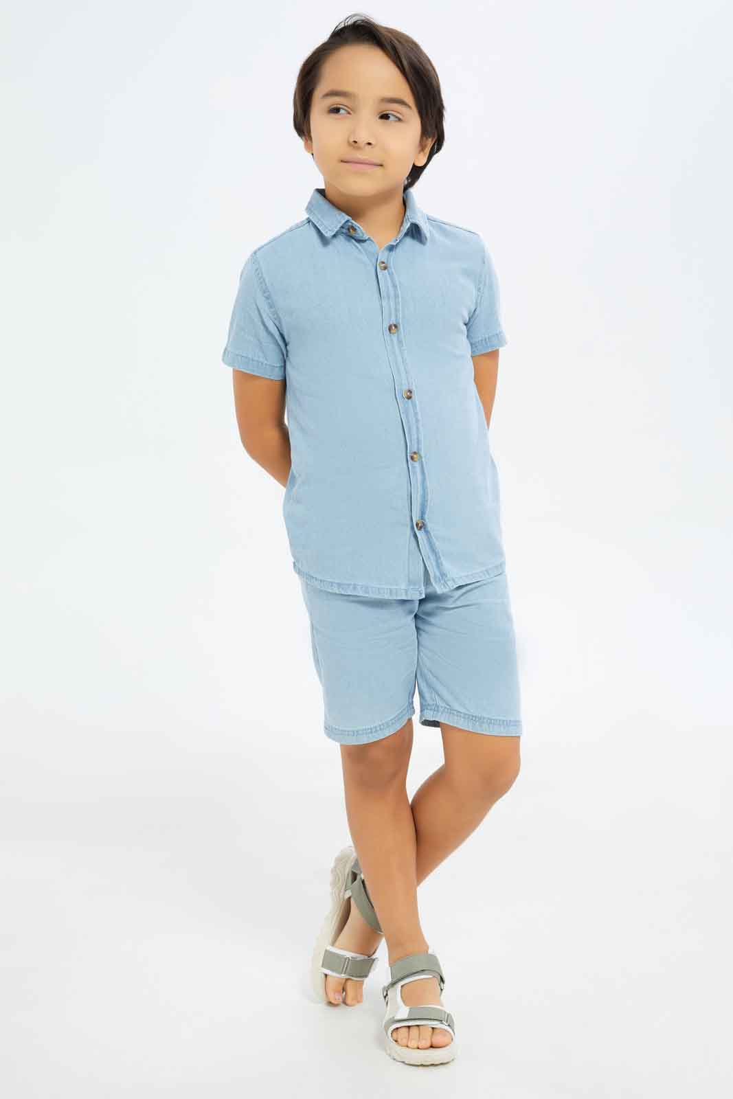 Redtag-Boys-Light-Wash-Denim-Shirt-With-Shorts-Set-BOY-Sets,-Category:Sets,-Colour:Light-Wash,-Deals:New-In,-Dept:Boys,-Filter:Boys-(2-to-8-Yrs),-New-In-BOY-APL,-Non-Sale,-S23C,-Section:Boys-(0-to-14Yrs)-Boys-2 to 8 Years