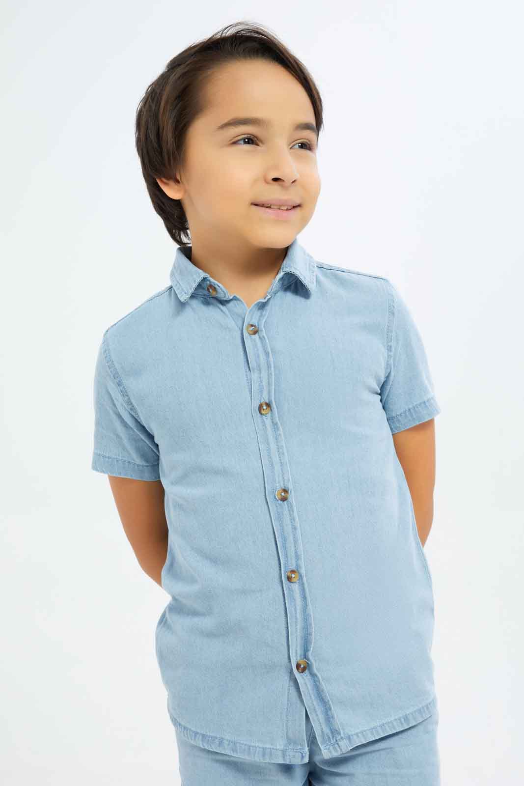 Redtag-Boys-Light-Wash-Denim-Shirt-With-Shorts-Set-BOY-Sets,-Category:Sets,-Colour:Light-Wash,-Deals:New-In,-Dept:Boys,-Filter:Boys-(2-to-8-Yrs),-New-In-BOY-APL,-Non-Sale,-S23C,-Section:Boys-(0-to-14Yrs)-Boys-2 to 8 Years