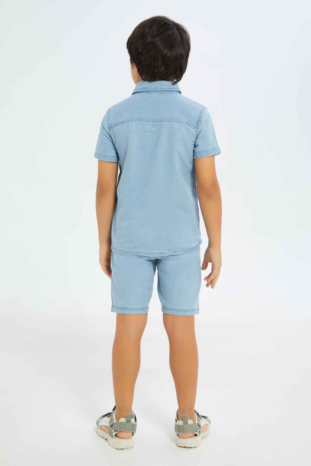 Redtag-Boys-Light-Wash-Denim-Shirt-With-Shorts-Set-BOY-Sets,-Category:Sets,-Colour:Light-Wash,-Deals:New-In,-Dept:Boys,-Filter:Boys-(2-to-8-Yrs),-New-In-BOY-APL,-Non-Sale,-S23C,-Section:Boys-(0-to-14Yrs)-Boys-2 to 8 Years