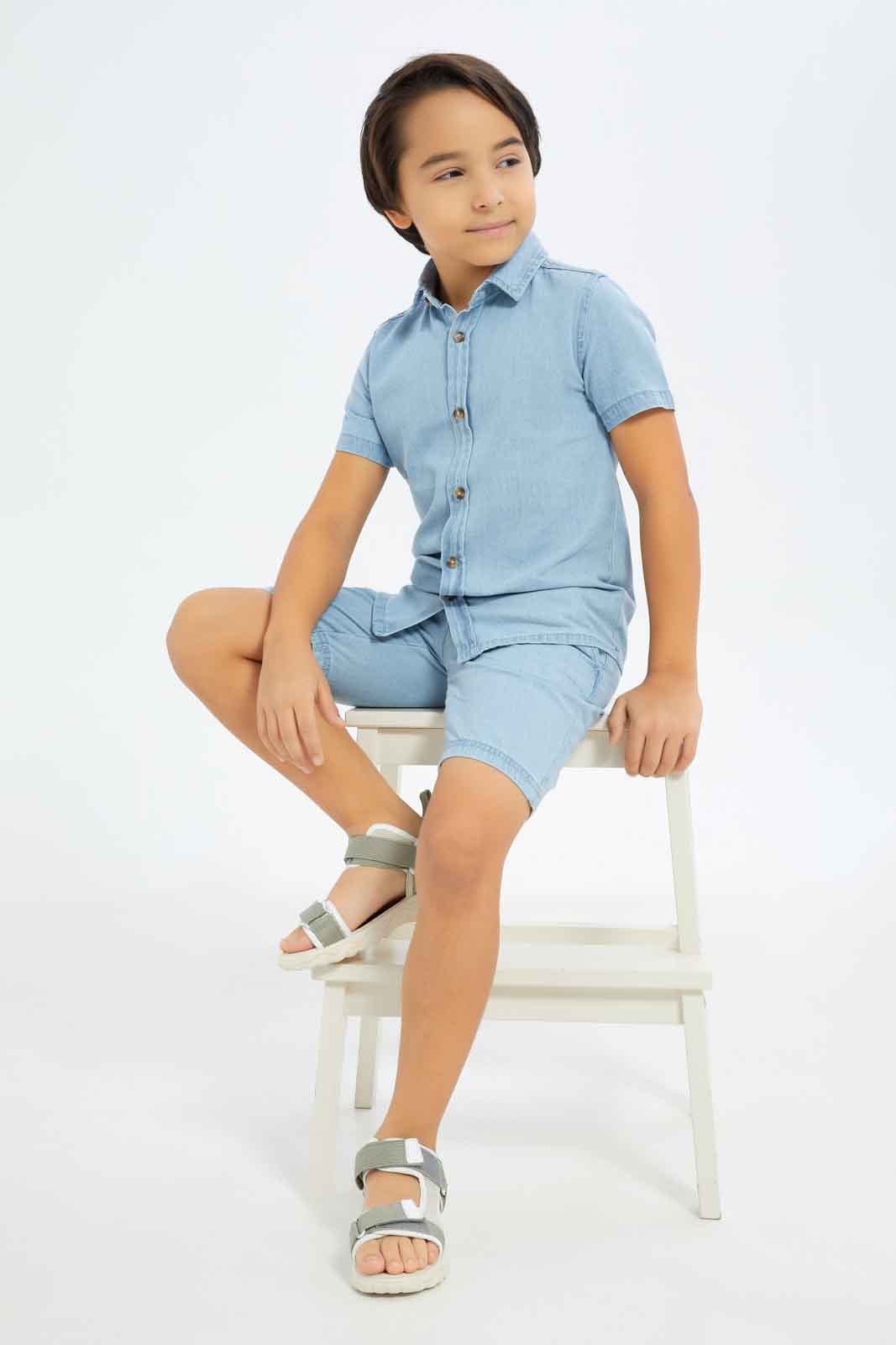 Redtag-Boys-Light-Wash-Denim-Shirt-With-Shorts-Set-BOY-Sets,-Category:Sets,-Colour:Light-Wash,-Deals:New-In,-Dept:Boys,-Filter:Boys-(2-to-8-Yrs),-New-In-BOY-APL,-Non-Sale,-S23C,-Section:Boys-(0-to-14Yrs)-Boys-2 to 8 Years