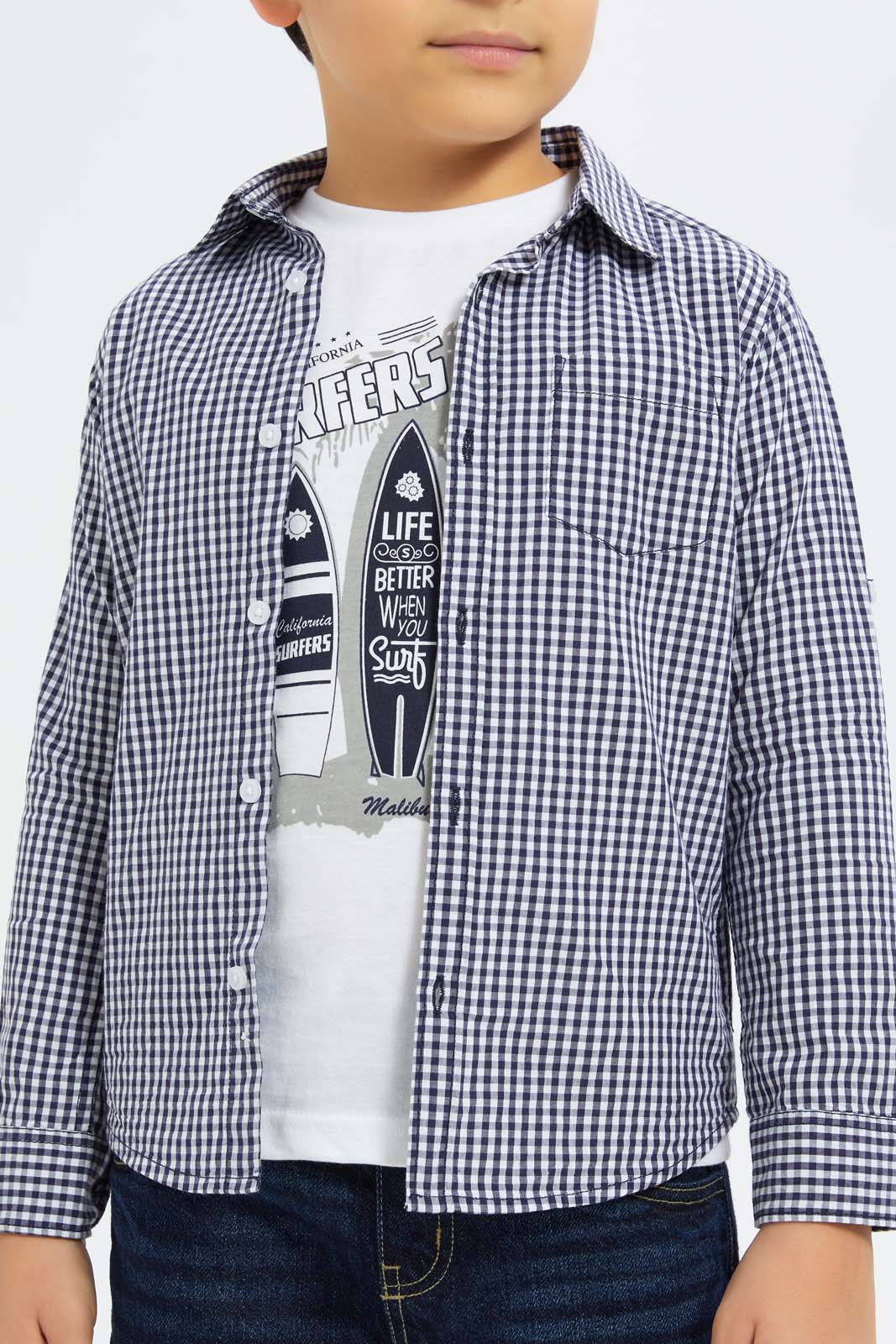 Redtag-Boys-Navy-Check-Shirt-With-T-Shirt-Set-BOY-Shirts,-Category:Shirts,-Colour:Navy,-Deals:New-In,-Dept:Boys,-Filter:Boys-(2-to-8-Yrs),-H1:KWR,-H2:BOY,-H3:SHI,-H4:CSH,-New-In-BOY-APL,-Non-Sale,-S23B,-Season:S23B,-Section:Boys-(0-to-14Yrs)-Boys-2 to 8 Years