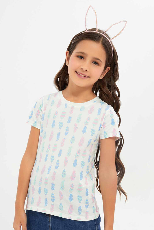 Redtag-Girls-Cream-All-Over-Pint-Feather-Print-Category:T-Shirts,-Colour:Cream,-Deals:New-In,-Dept:Girls,-Filter:Girls-(2-to-8-Yrs),-GIR-T-Shirts,-New-In-GIR-APL,-Non-Sale,-S23B,-Section:Girls-(0-to-14Yrs),-TBL-Girls-2 to 8 Years