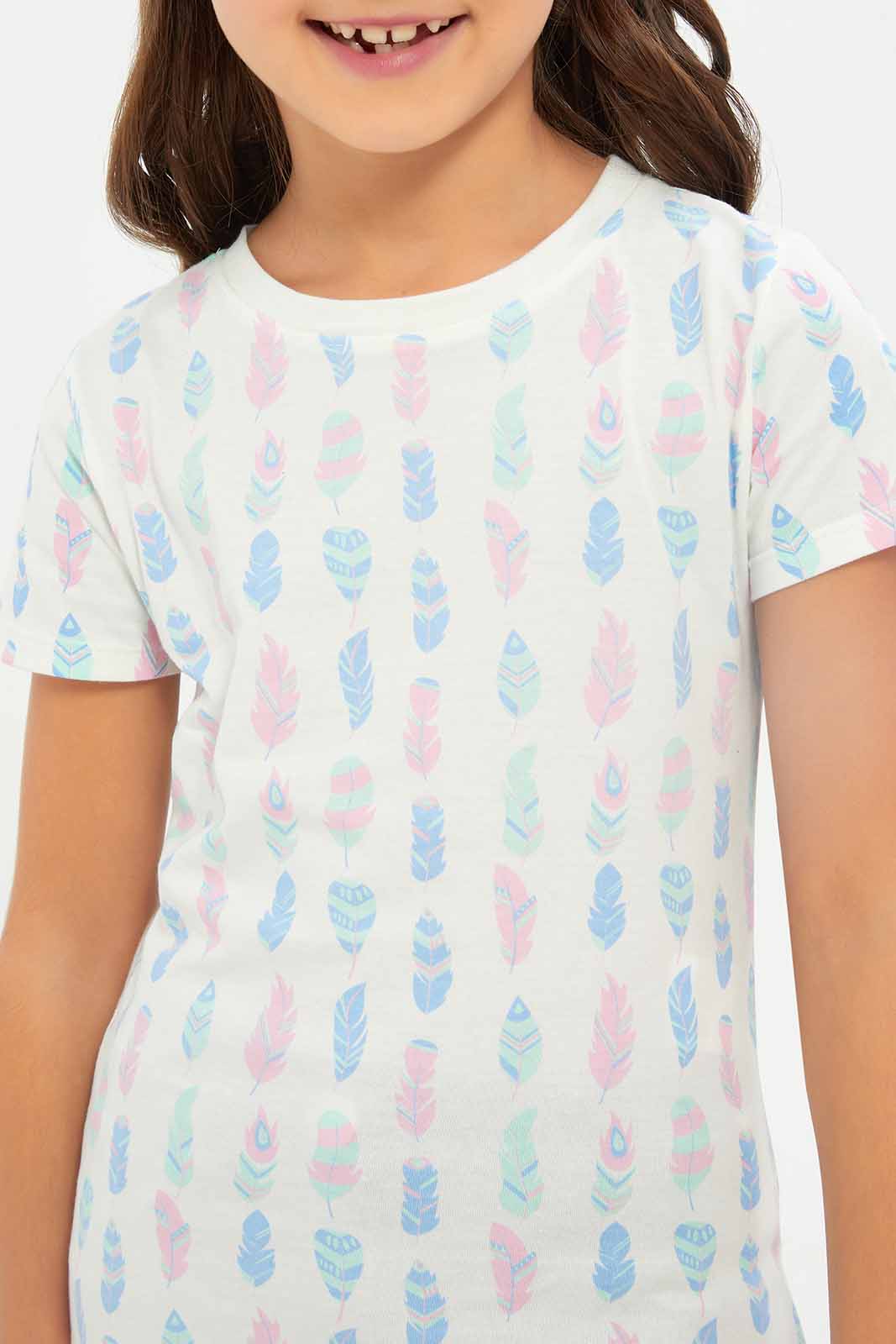 Redtag-Girls-Cream-All-Over-Pint-Feather-Print-Category:T-Shirts,-Colour:Cream,-Deals:New-In,-Dept:Girls,-Filter:Girls-(2-to-8-Yrs),-GIR-T-Shirts,-New-In-GIR-APL,-Non-Sale,-S23B,-Section:Girls-(0-to-14Yrs),-TBL-Girls-2 to 8 Years