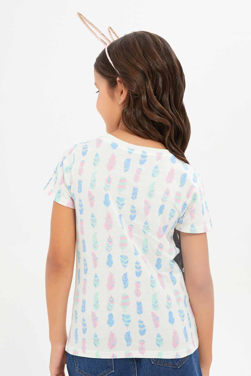Redtag-Girls-Cream-All-Over-Pint-Feather-Print-Category:T-Shirts,-Colour:Cream,-Deals:New-In,-Dept:Girls,-Filter:Girls-(2-to-8-Yrs),-GIR-T-Shirts,-New-In-GIR-APL,-Non-Sale,-S23B,-Section:Girls-(0-to-14Yrs),-TBL-Girls-2 to 8 Years