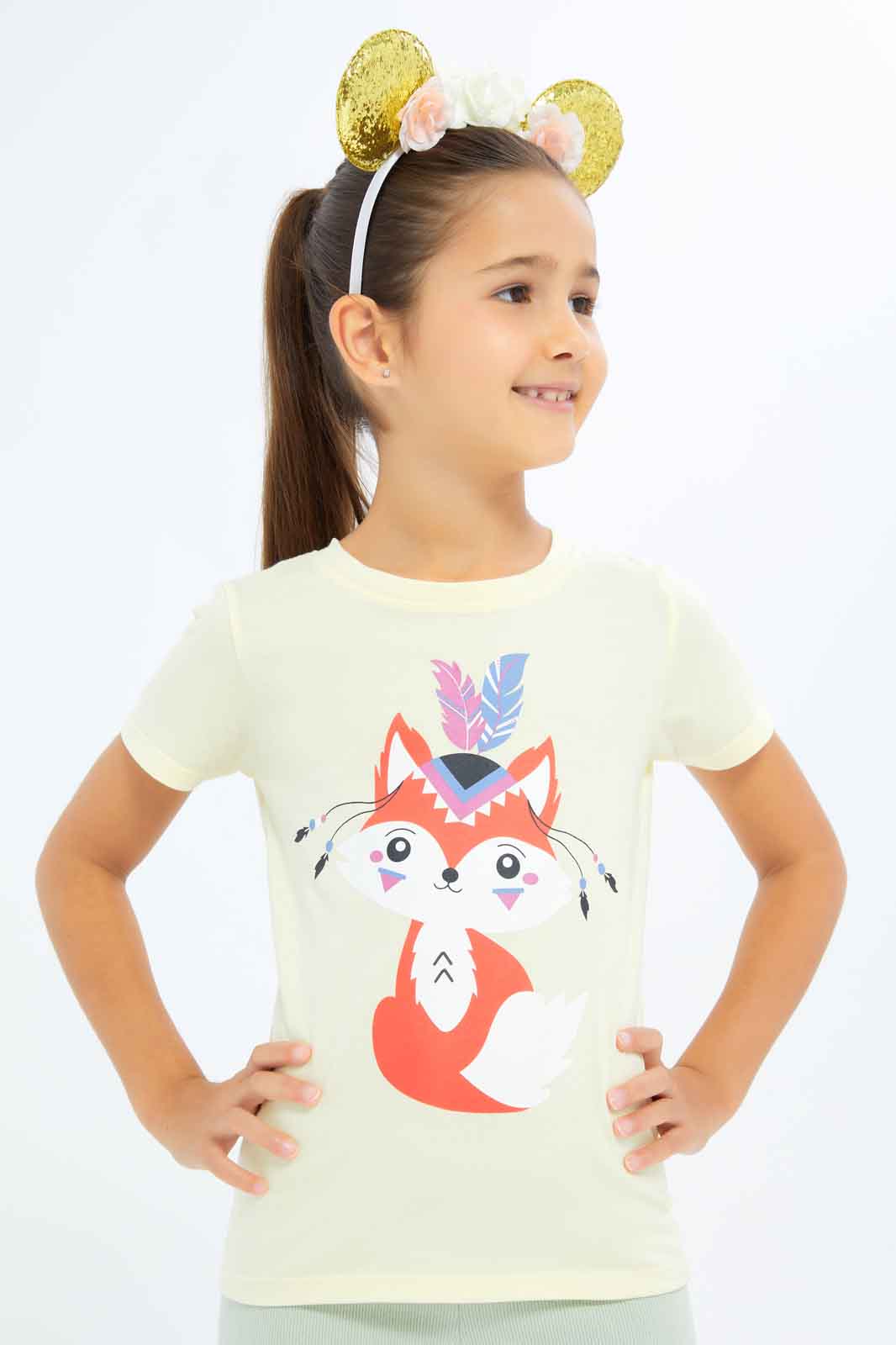 Redtag-Girls-Yellow-Fox-Print-Category:T-Shirts,-Colour:Yellow,-Deals:New-In,-Dept:Girls,-Filter:Girls-(2-to-8-Yrs),-GIR-T-Shirts,-New-In-GIR-APL,-Non-Sale,-S23B,-Section:Girls-(0-to-14Yrs),-TBL-Girls-2 to 8 Years