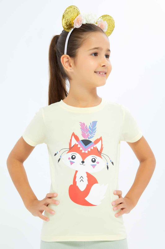 Redtag-Girls-Yellow-Fox-Print-Category:T-Shirts,-Colour:Yellow,-Deals:New-In,-Dept:Girls,-Filter:Girls-(2-to-8-Yrs),-GIR-T-Shirts,-New-In-GIR-APL,-Non-Sale,-S23B,-Section:Girls-(0-to-14Yrs),-TBL-Girls-2 to 8 Years