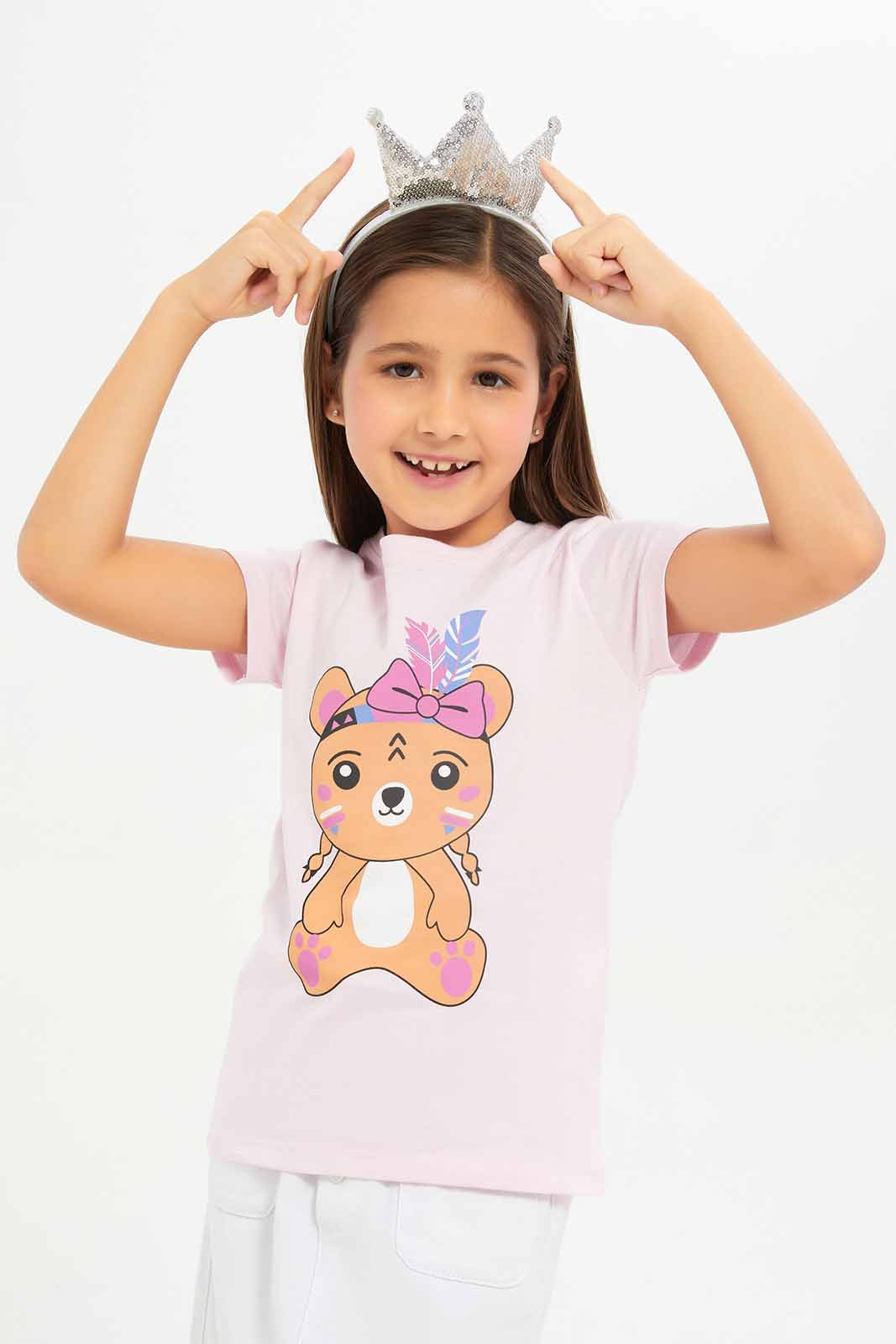 Redtag-Girls-Light-Pink-Teddy-Print-Category:T-Shirts,-Colour:Apricot,-Deals:New-In,-Dept:Girls,-Filter:Girls-(2-to-8-Yrs),-GIR-T-Shirts,-New-In-GIR-APL,-Non-Sale,-S23B,-Section:Girls-(0-to-14Yrs),-TBL-Girls-2 to 8 Years