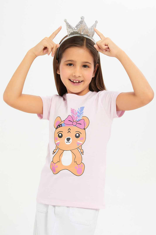 Redtag-Girls-Light-Pink-Teddy-Print-Category:T-Shirts,-Colour:Apricot,-Deals:New-In,-Dept:Girls,-Filter:Girls-(2-to-8-Yrs),-GIR-T-Shirts,-New-In-GIR-APL,-Non-Sale,-S23B,-Section:Girls-(0-to-14Yrs),-TBL-Girls-2 to 8 Years