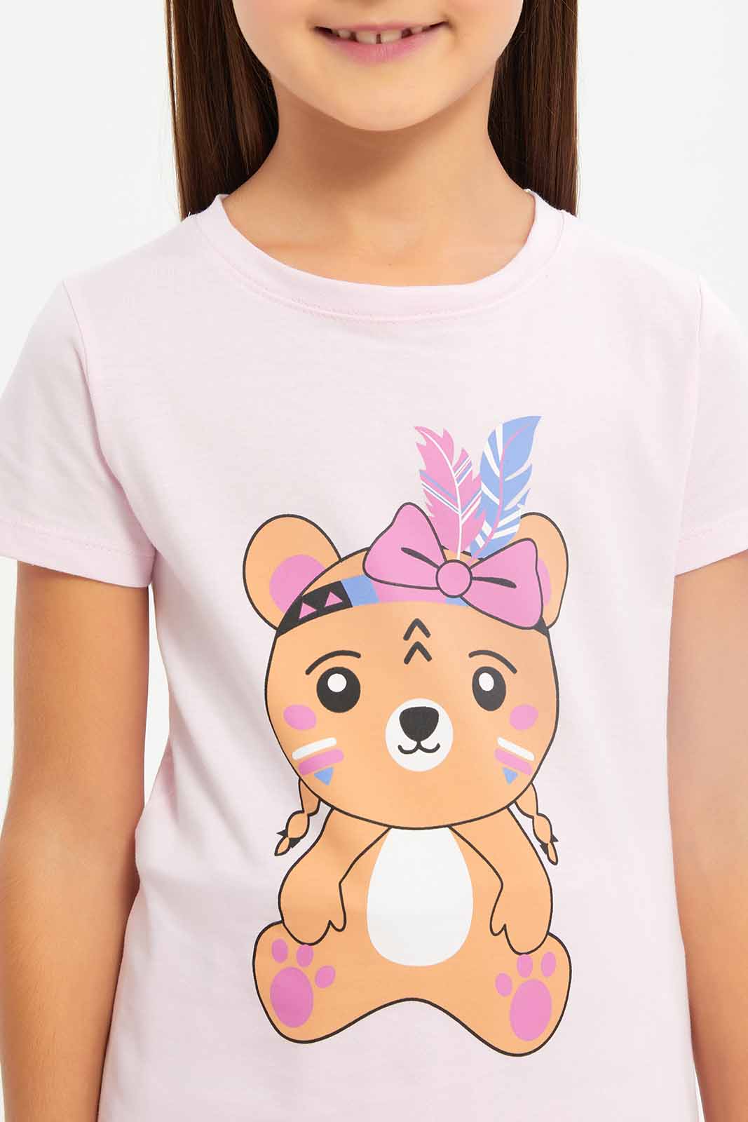 Redtag-Girls-Light-Pink-Teddy-Print-Category:T-Shirts,-Colour:Apricot,-Deals:New-In,-Dept:Girls,-Filter:Girls-(2-to-8-Yrs),-GIR-T-Shirts,-New-In-GIR-APL,-Non-Sale,-S23B,-Section:Girls-(0-to-14Yrs),-TBL-Girls-2 to 8 Years