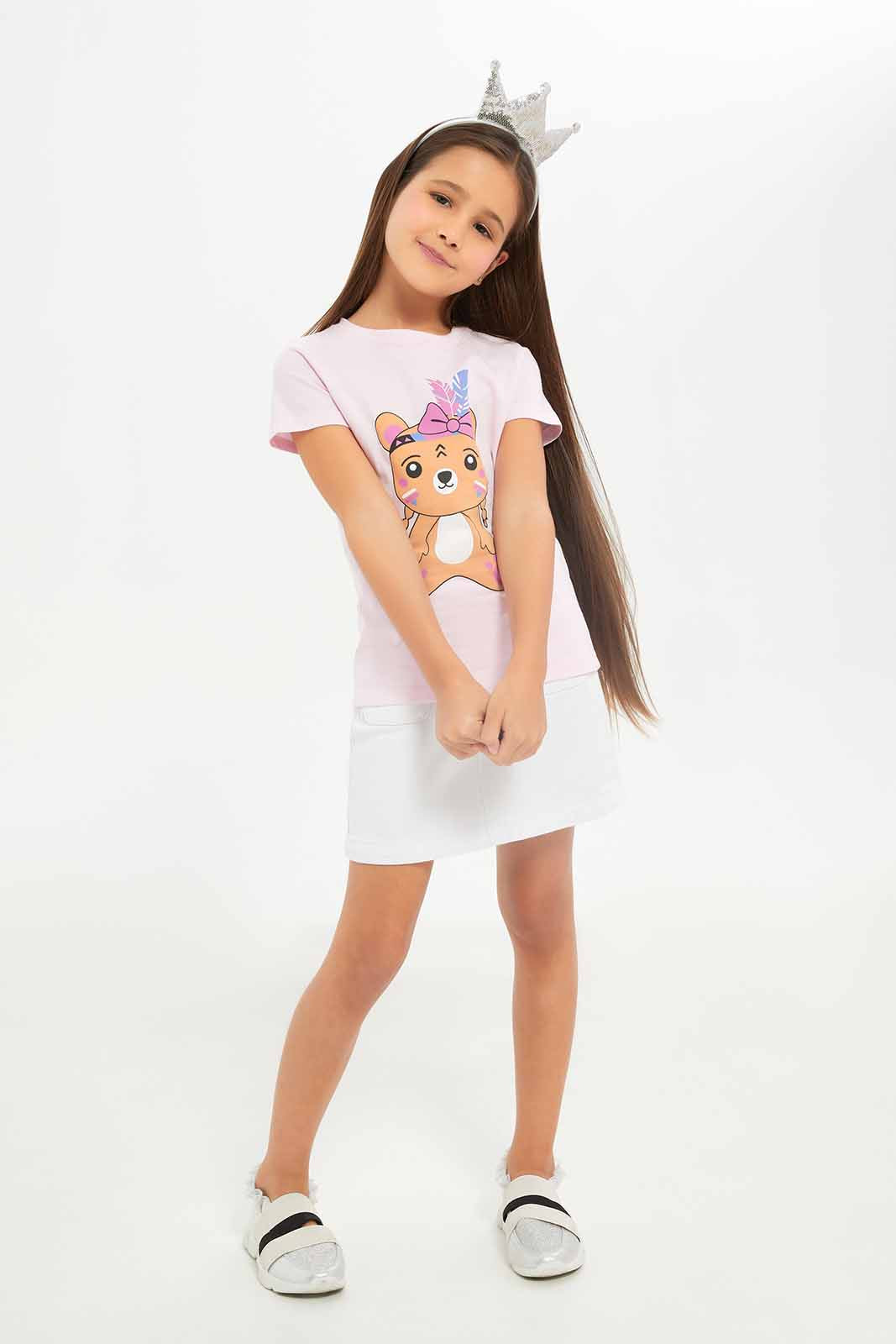 Redtag-Girls-Light-Pink-Teddy-Print-Category:T-Shirts,-Colour:Apricot,-Deals:New-In,-Dept:Girls,-Filter:Girls-(2-to-8-Yrs),-GIR-T-Shirts,-New-In-GIR-APL,-Non-Sale,-S23B,-Section:Girls-(0-to-14Yrs),-TBL-Girls-2 to 8 Years